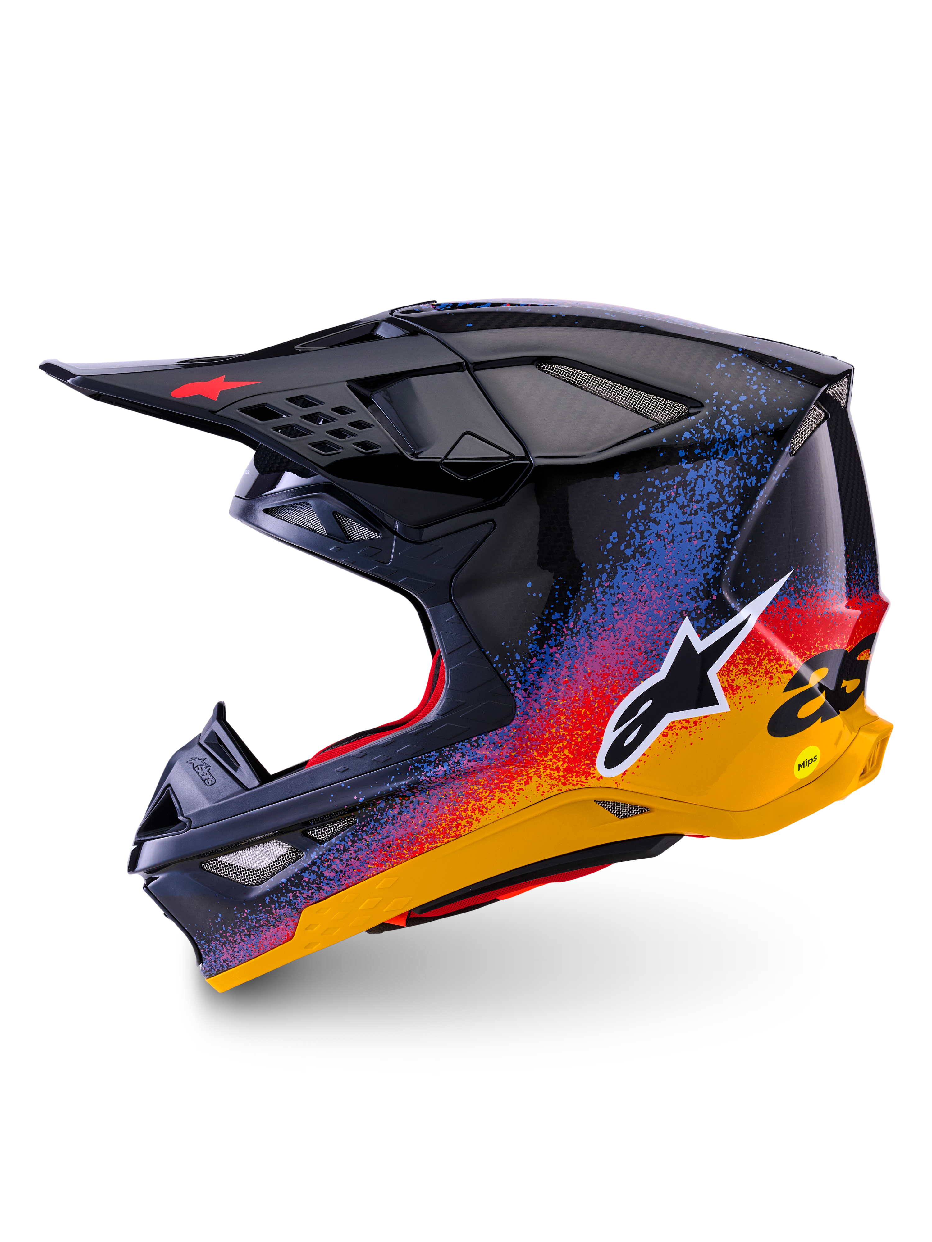 Casque Alpinestars Supertech M10 Black Hole en édition limitée, casque de motocross, finition brillante Black Burst avec éclaboussures en dégradé de bleu, rouge et jaune éclatants, vue de profil latéral montrant le logo Astars blanc et les textures de la coque en fibre de carbone.