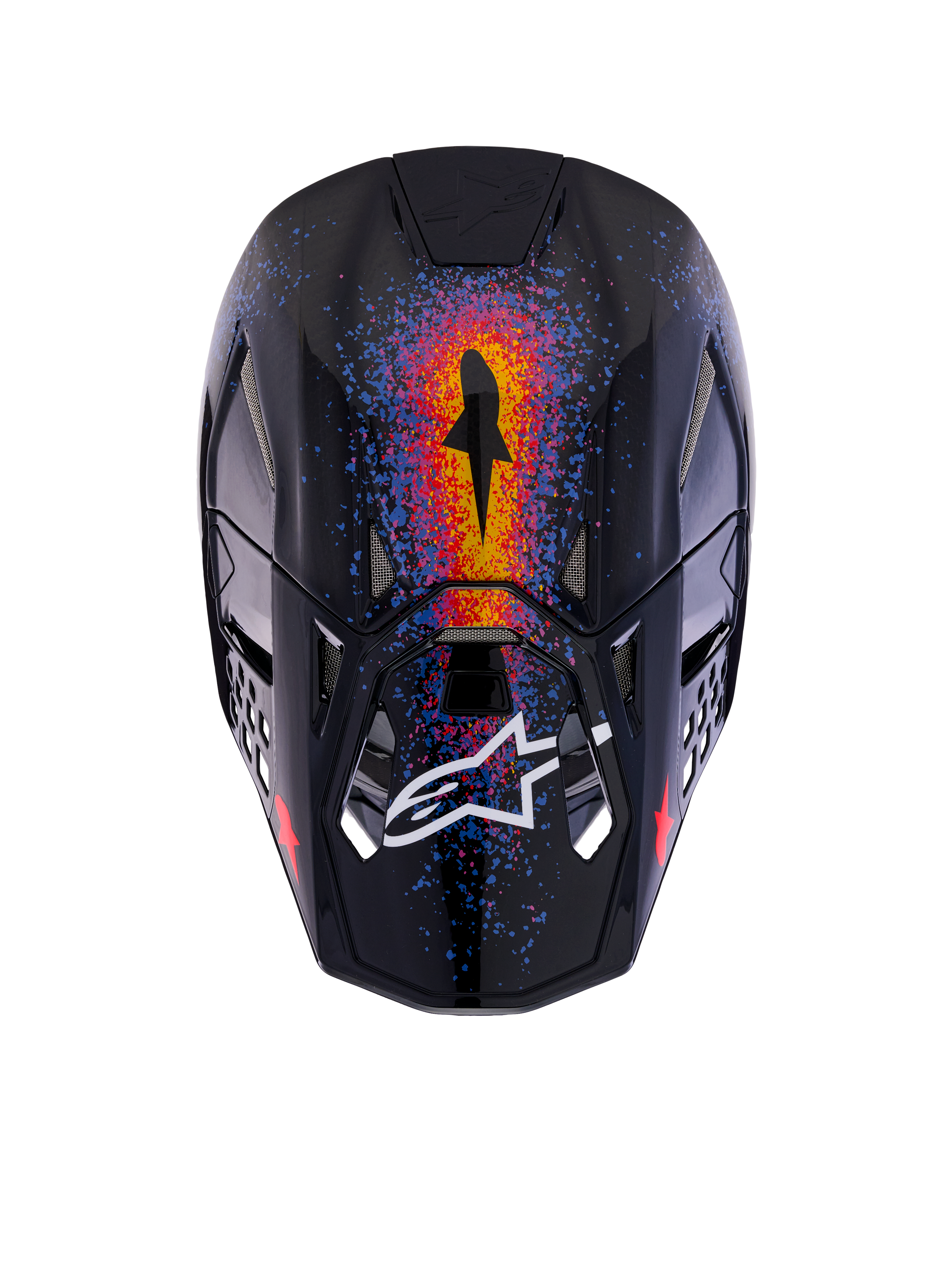Casque Alpinestars Supertech M10 Black Hole en édition limitée, casque de motocross, Black Burst brillant, vue de dessus montrant des graphismes éclatants orange, rouge et bleu d'inspiration galactique, finition brillante avec logo Alpinestars blanc sur la visière.