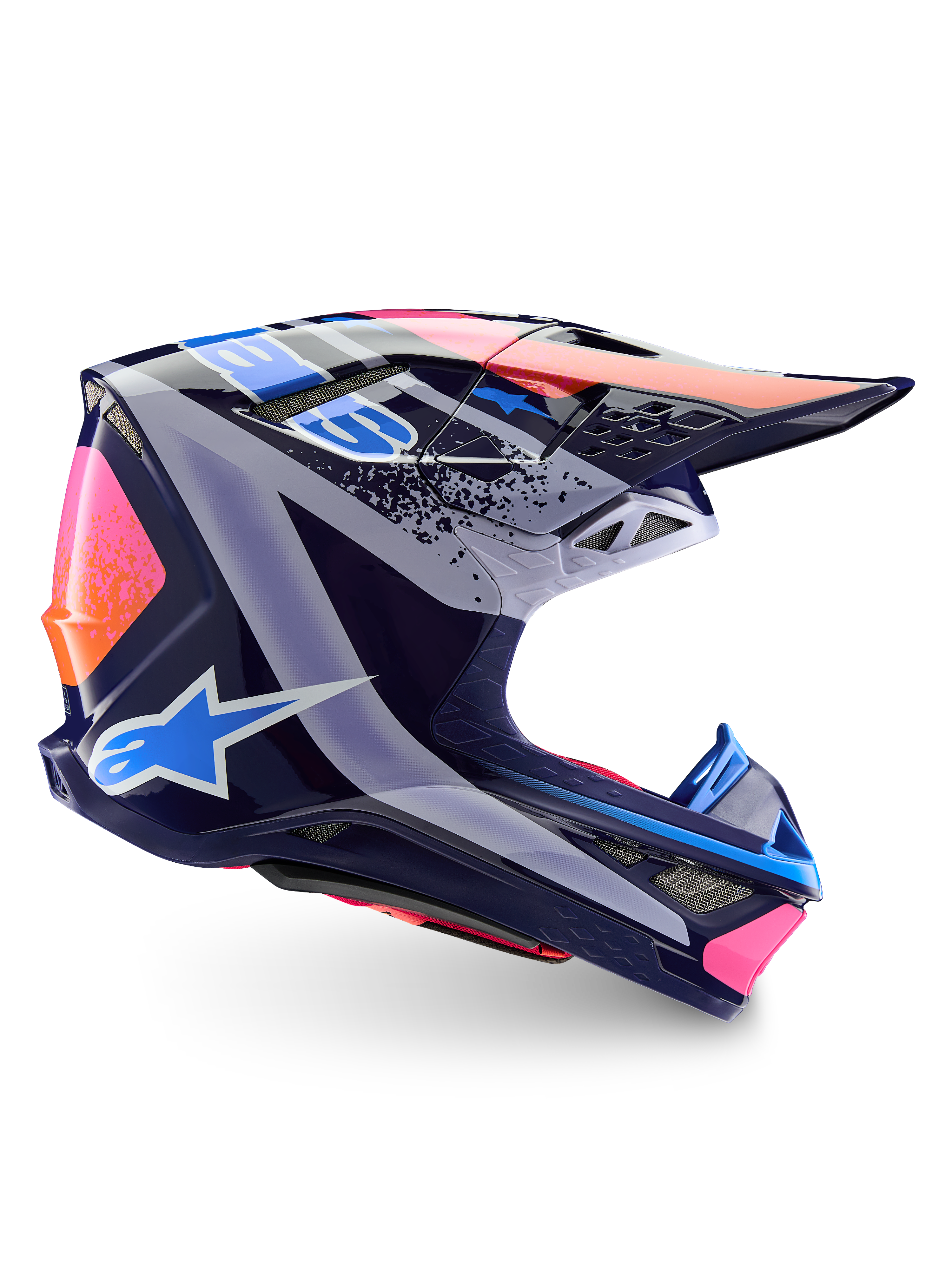 Alpinestars Limited Edition Supertech M10 Records helm, motorcross helm, Multicolor Glossy, met een donkerblauwe basis en levendige roze, oranje en lichtblauwe Records graphics, zijprofiel met de aerodynamische schaal, het vizier en de ventilatieopeningen.