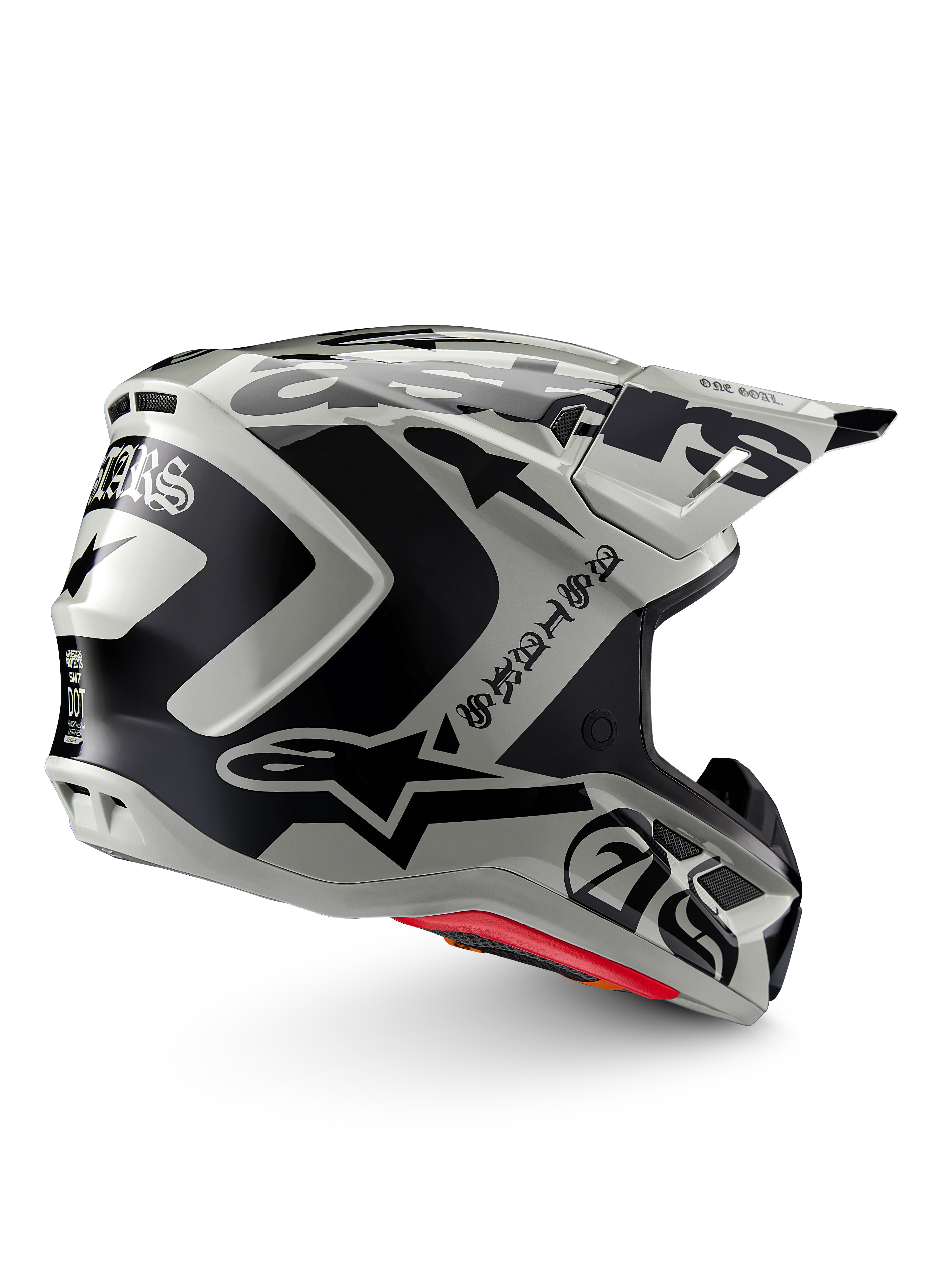 Alpinestars Limited Edition S-M7 Wolf Dust helm, motorcrosshelm, Dune Black Glossy, lichtgrijze schaal met opvallende zwarte Alpinestars graphics en tekst in gotische stijl, gestroomlijnd aerodynamisch ontwerp met meerdere ventilatieopeningen, rode binnenvoering, hoogwaardige off-road hoofdbescherming