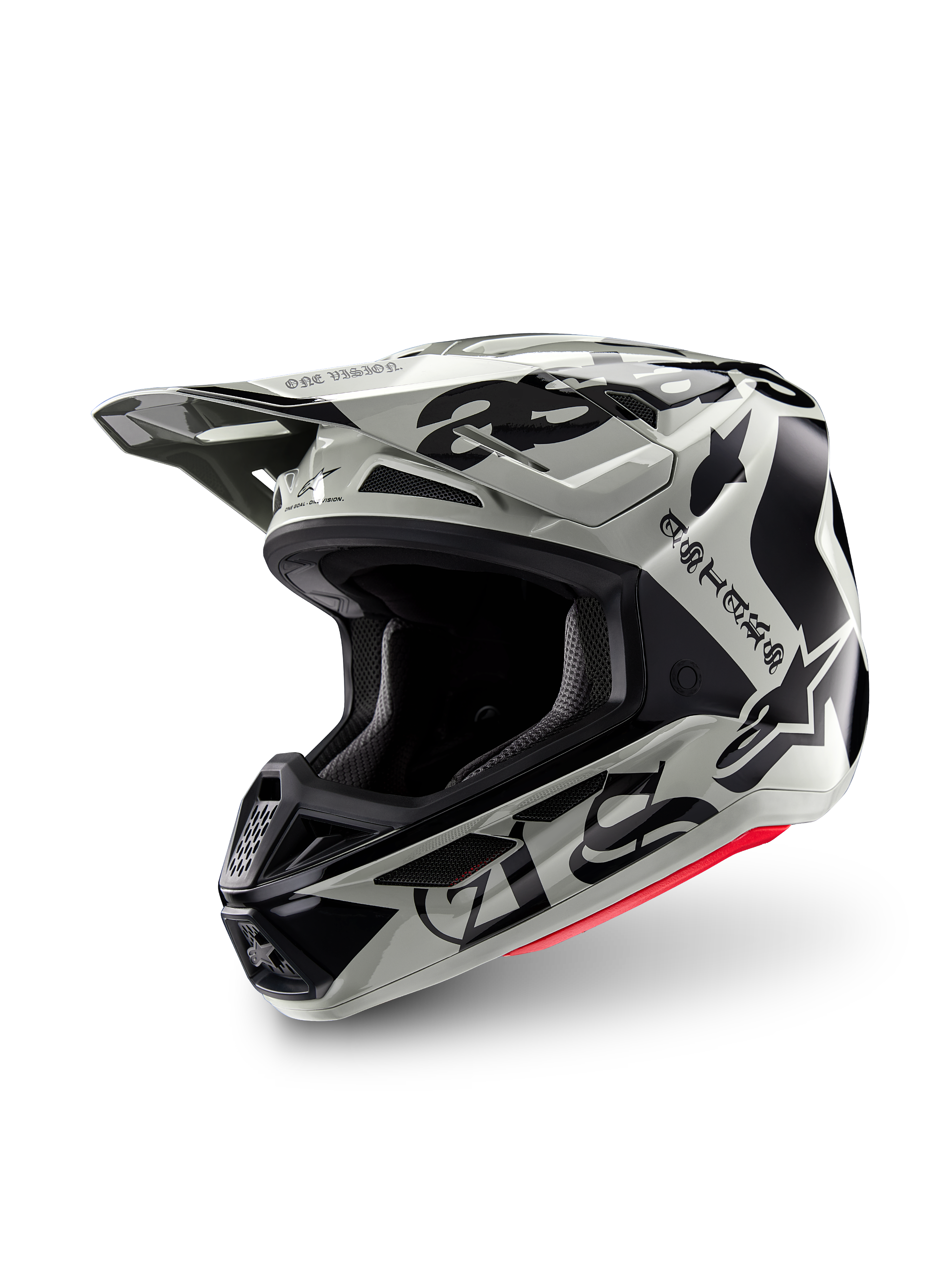 Alpinestars Limited Edition S-M7 Wolf Dust Helm, motorcrosshelm, Dune Black Glossy, lichtgrijze schaal met zwarte gotische 'ASTARS' belettering en sterlogo, rood accent aan de onderrand, voorzien van een hoogwaardig vizier en meerdere ventilatieopeningen, driekwart vooraanzicht