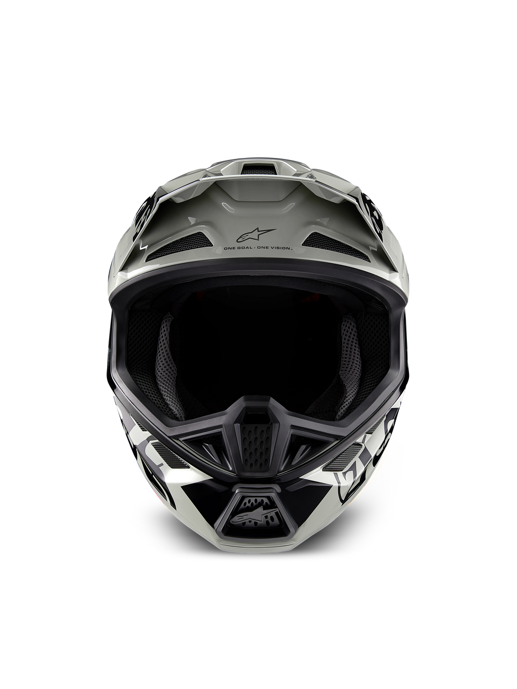 Alpinestars Limited Edition S-M7 Wolf Dust helm, motorcrosshelm, glanzend Dune Black met witte en zwarte graphics, vooraanzicht met de brede oogopening en meerdere ventilatie-inlaatpoorten, aerodynamische klep met Alpinestars-logo en 'One Goal One Vision' tekst, gespecialiseerde hoofdbescherming voor off-road racen