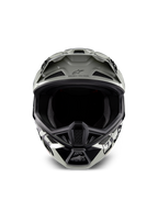 Alpinestars Limited Edition S-M7 Wolf Dust helm, motorcrosshelm, glanzend Dune Black met witte en zwarte graphics, vooraanzicht met de brede oogopening en meerdere ventilatie-inlaatpoorten, aerodynamische klep met Alpinestars-logo en 'One Goal One Vision' tekst, gespecialiseerde hoofdbescherming voor off-road racen