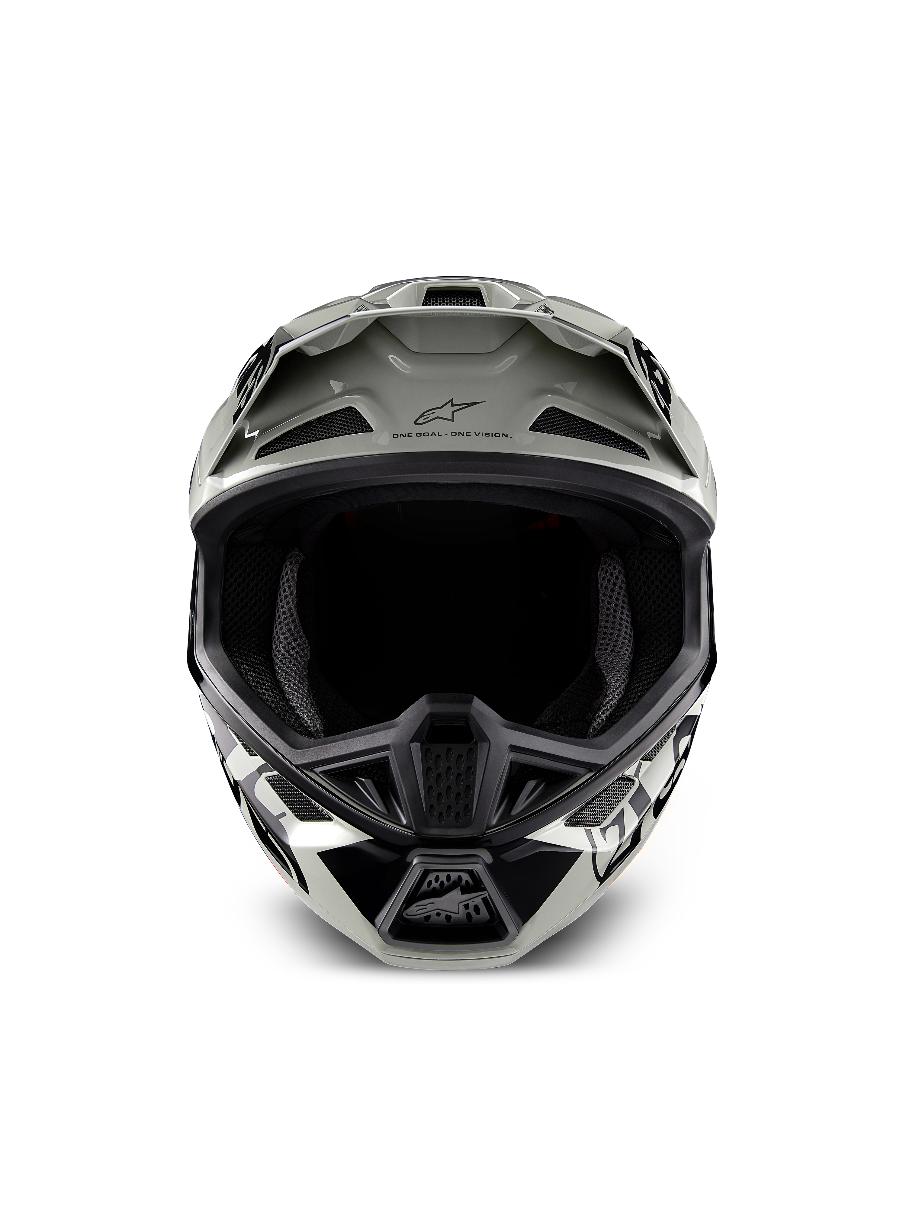 Alpinestars Limited Edition S-M7 Wolf Dust helm, motorcrosshelm, glanzend Dune Black met witte en zwarte graphics, vooraanzicht met de brede oogopening en meerdere ventilatie-inlaatpoorten, aerodynamische klep met Alpinestars-logo en 'One Goal One Vision' tekst, gespecialiseerde hoofdbescherming voor off-road racen
