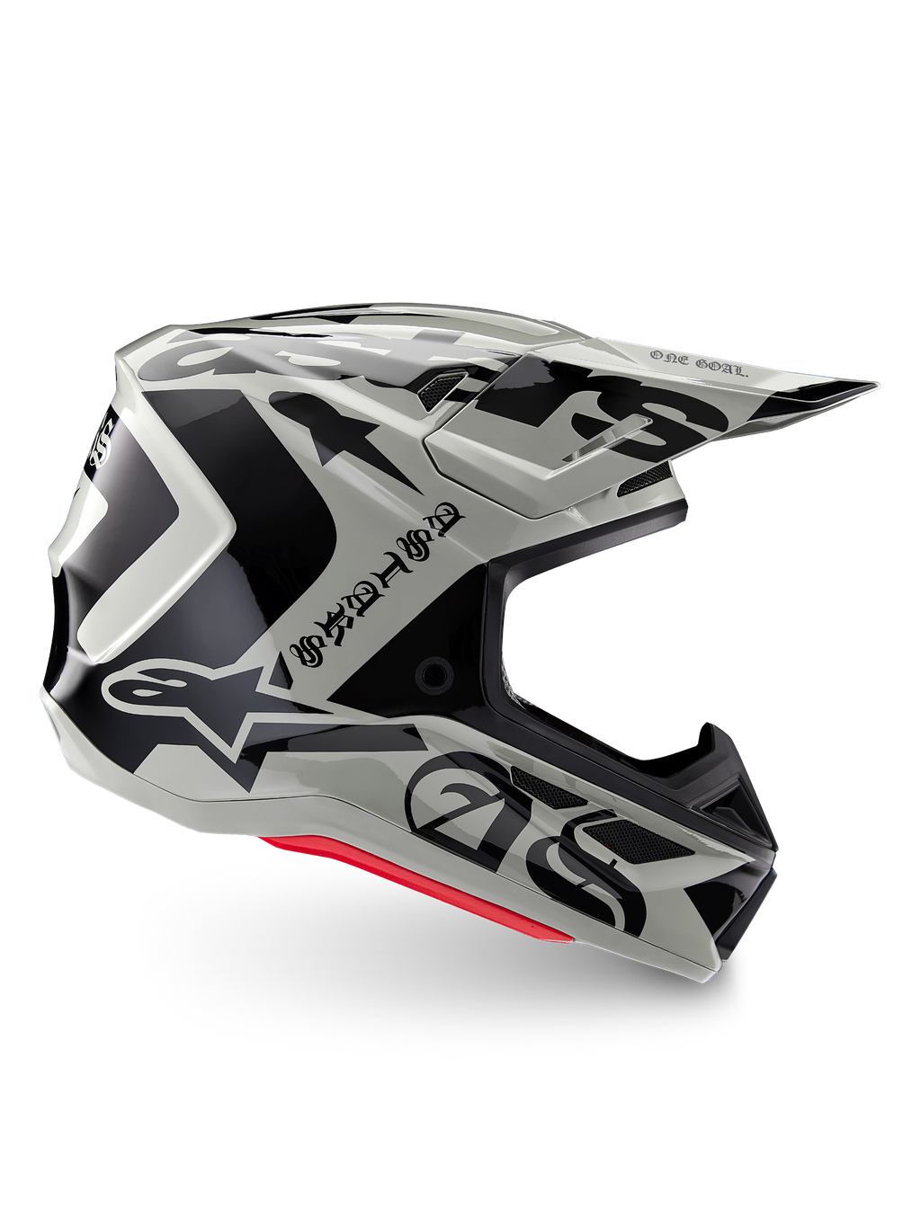Alpinestars Limited Edition S-M7 Wolf Dust Helm, Dune Black Glossy motorcrosshelm, zijprofiel met opvallende zwarte graphics en branding, rode accenten aan de onderkant, aerodynamische off-road hoofdbescherming