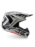 Alpinestars Limited Edition S-M7 Wolf Dust Helm, Dune Black Glossy motorcrosshelm, zijprofiel met opvallende zwarte graphics en branding, rode accenten aan de onderkant, aerodynamische off-road hoofdbescherming