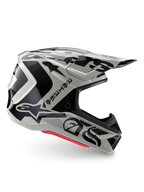 Alpinestars Limited Edition S-M7 Wolf Dust Helm, Dune Black Glossy motorcrosshelm, zijprofiel met opvallende zwarte graphics en branding, rode accenten aan de onderkant, aerodynamische off-road hoofdbescherming