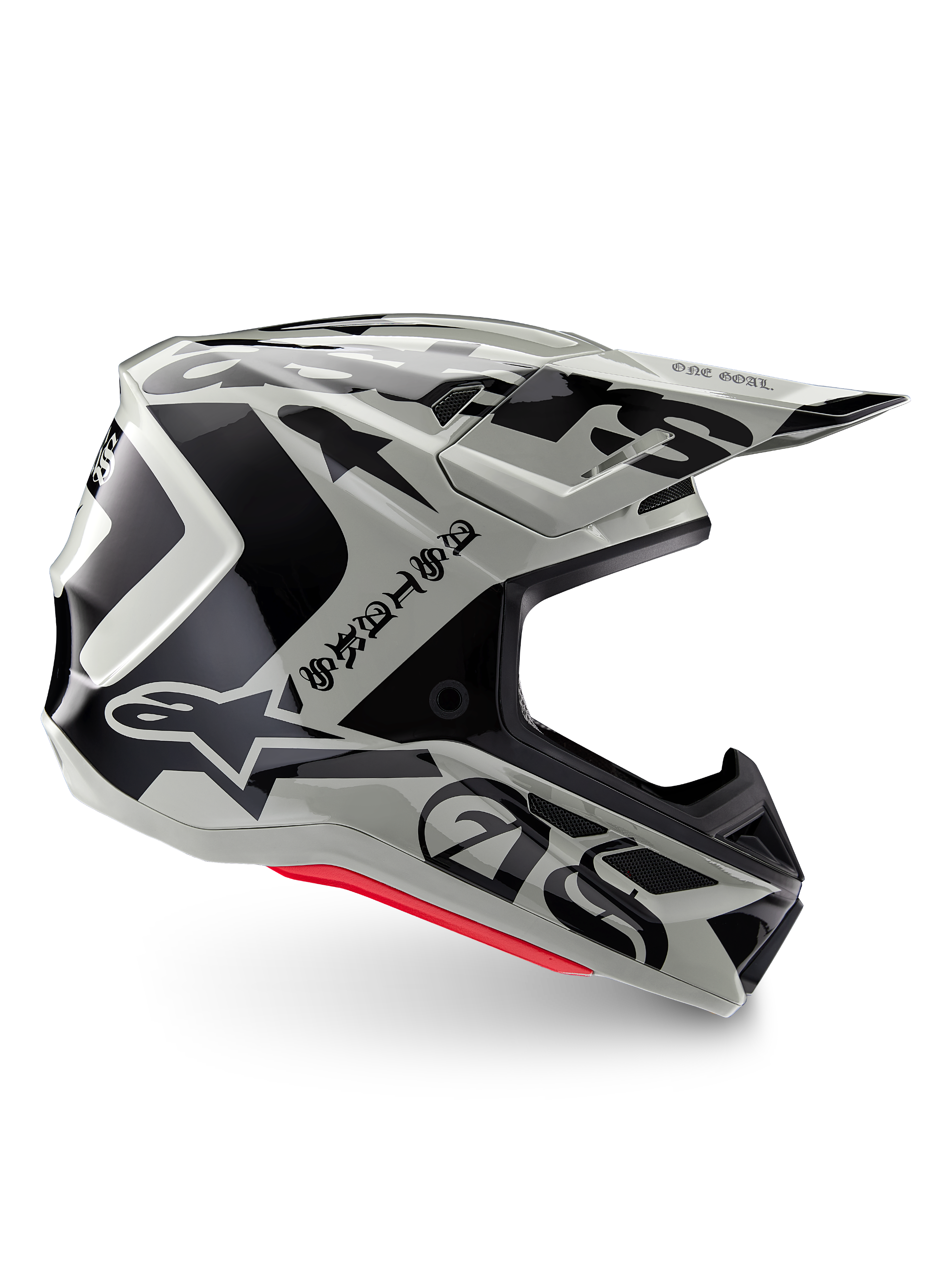 Alpinestars Limited Edition S-M7 Wolf Dust Helm, Dune Black Glossy motorcrosshelm, zijprofiel met opvallende zwarte graphics en branding, rode accenten aan de onderkant, aerodynamische off-road hoofdbescherming