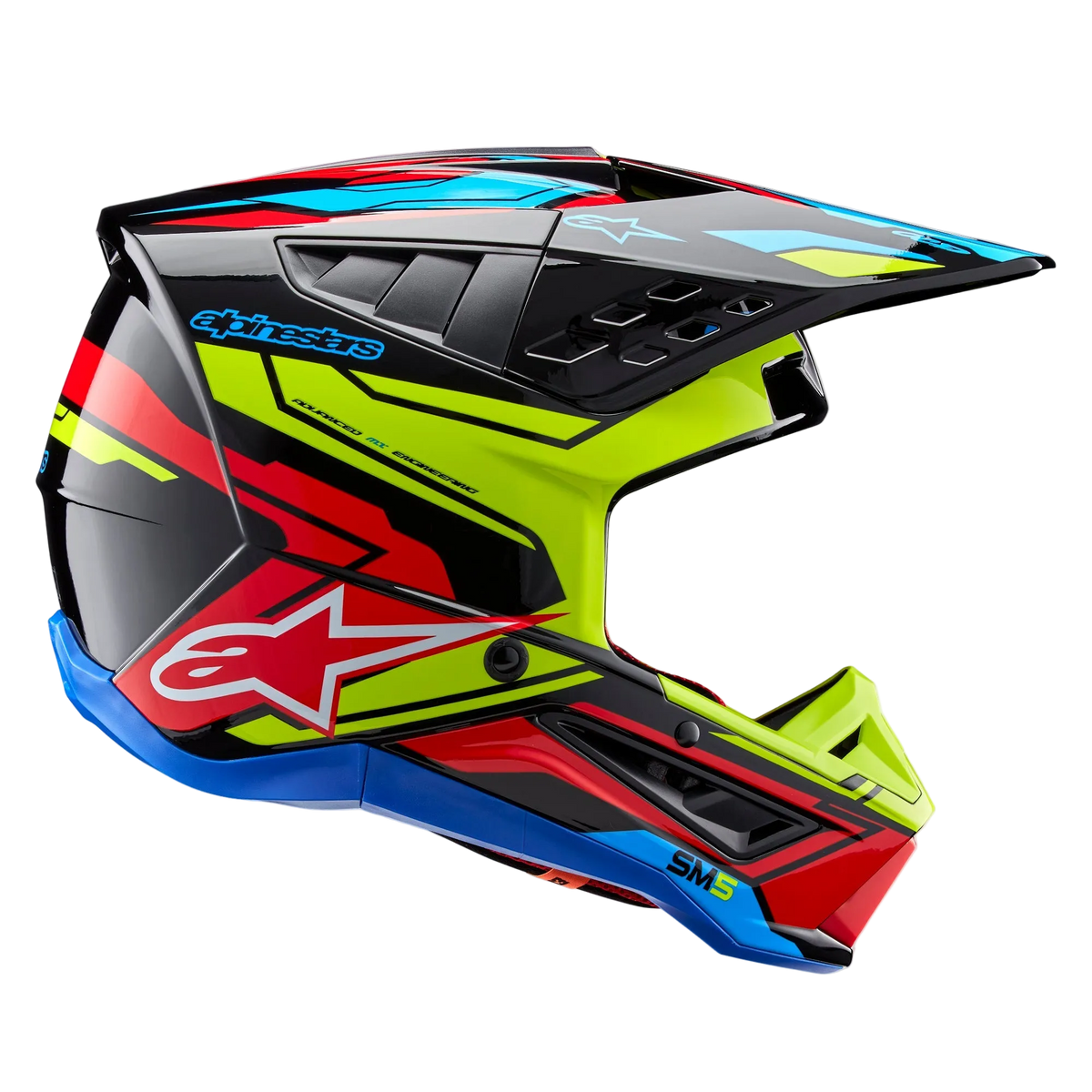 Alpinestars S-M5 Action 2 Helmet ECE, Motocross Helmet, Glossy Black with Yellow Fluo, Bright Red, and Cyan Blue graphics, profile view featuring an aerodynamic shell, ventilated peak, and prominent Alpinestars branding on the side, professional off-road racing protection