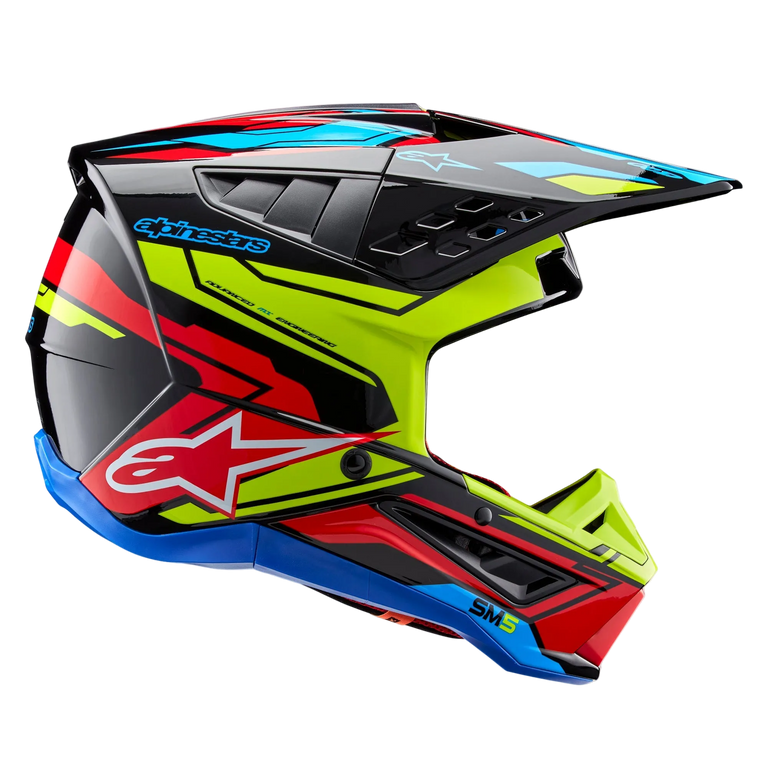 Alpinestars S-M5 Action 2 Helmet ECE, Motocross Helmet, Glossy Black with Yellow Fluo, Bright Red, and Cyan Blue graphics, profile view featuring an aerodynamic shell, ventilated peak, and prominent Alpinestars branding on the side, professional off-road racing protection