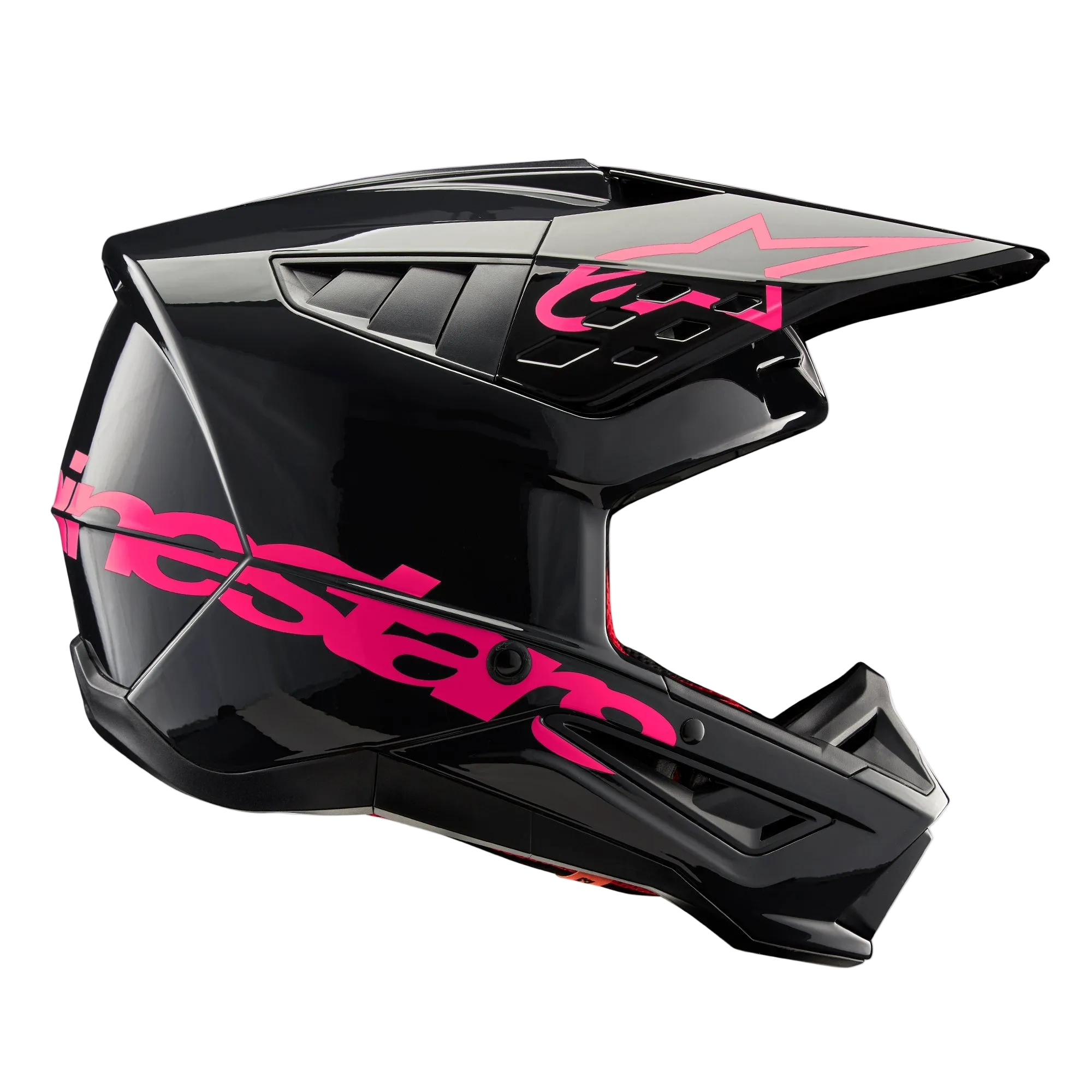 Alpinestars S-M5 Corp Helmet, Motocross Helmet, Black Diva Pink Glossy, side profile view, glossy black finish with vibrant pink branding, aerodynamic shell with ventilation ports for off-road racing protection