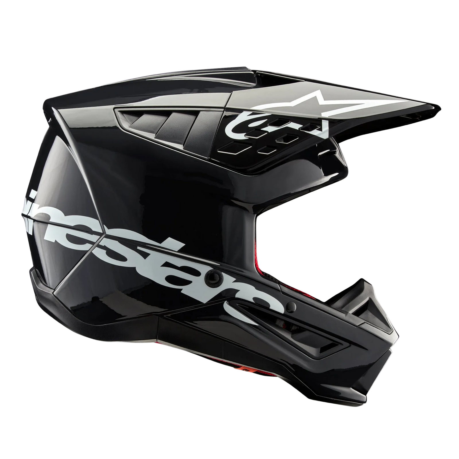 Alpinestars S-M5 Corp Helmet, Motocross Helmet, Dark Gray Glossy, side profile view with large white Alpinestars logo, white star logo on the visor, sleek aerodynamic vents, glossy finish, off-road racing protection