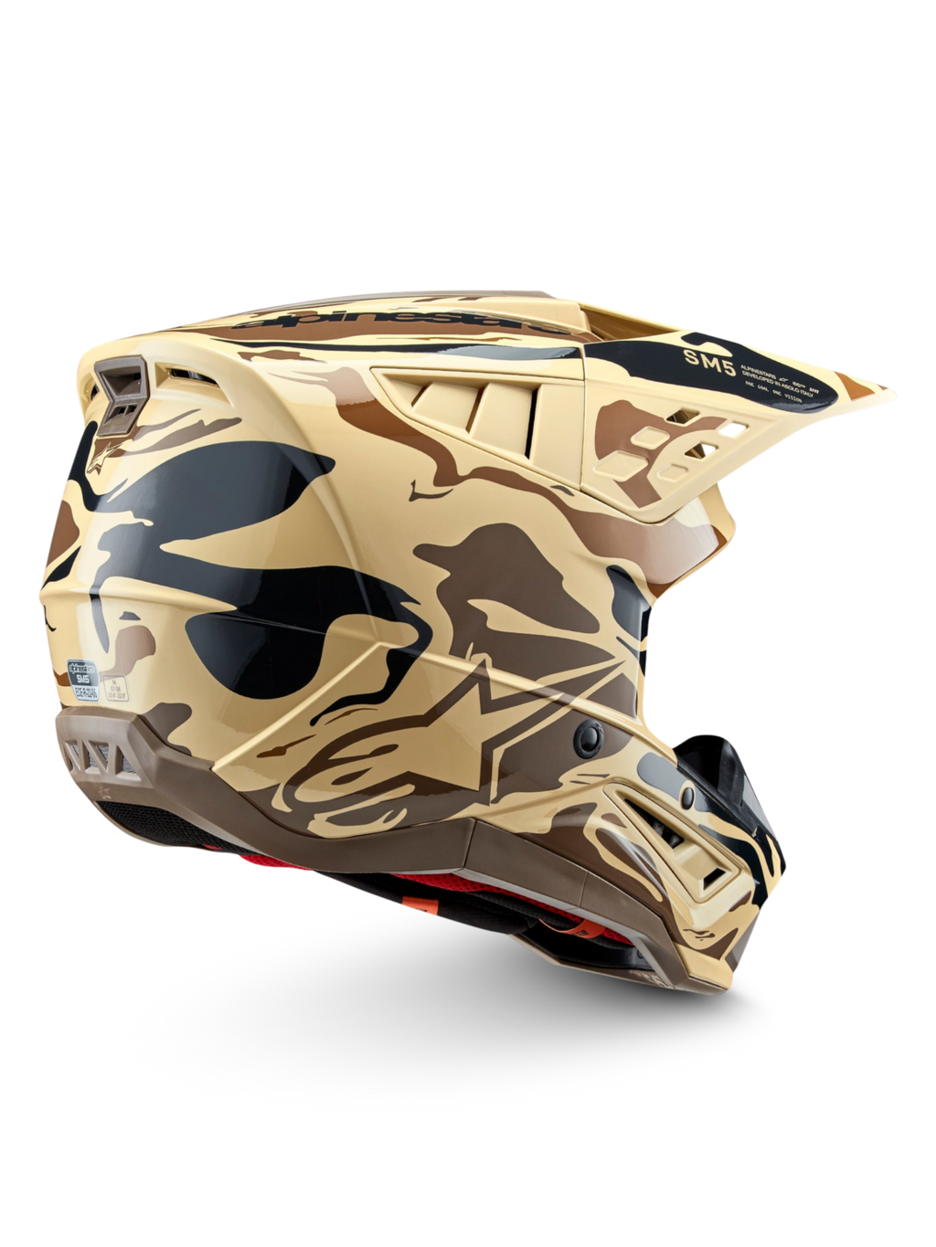 Alpinestars S-M5 Mineral helm, motocrosshelm in bruine kangoeroe camouflage, ECE 22.06-gecertificeerd voor off-road rijden.