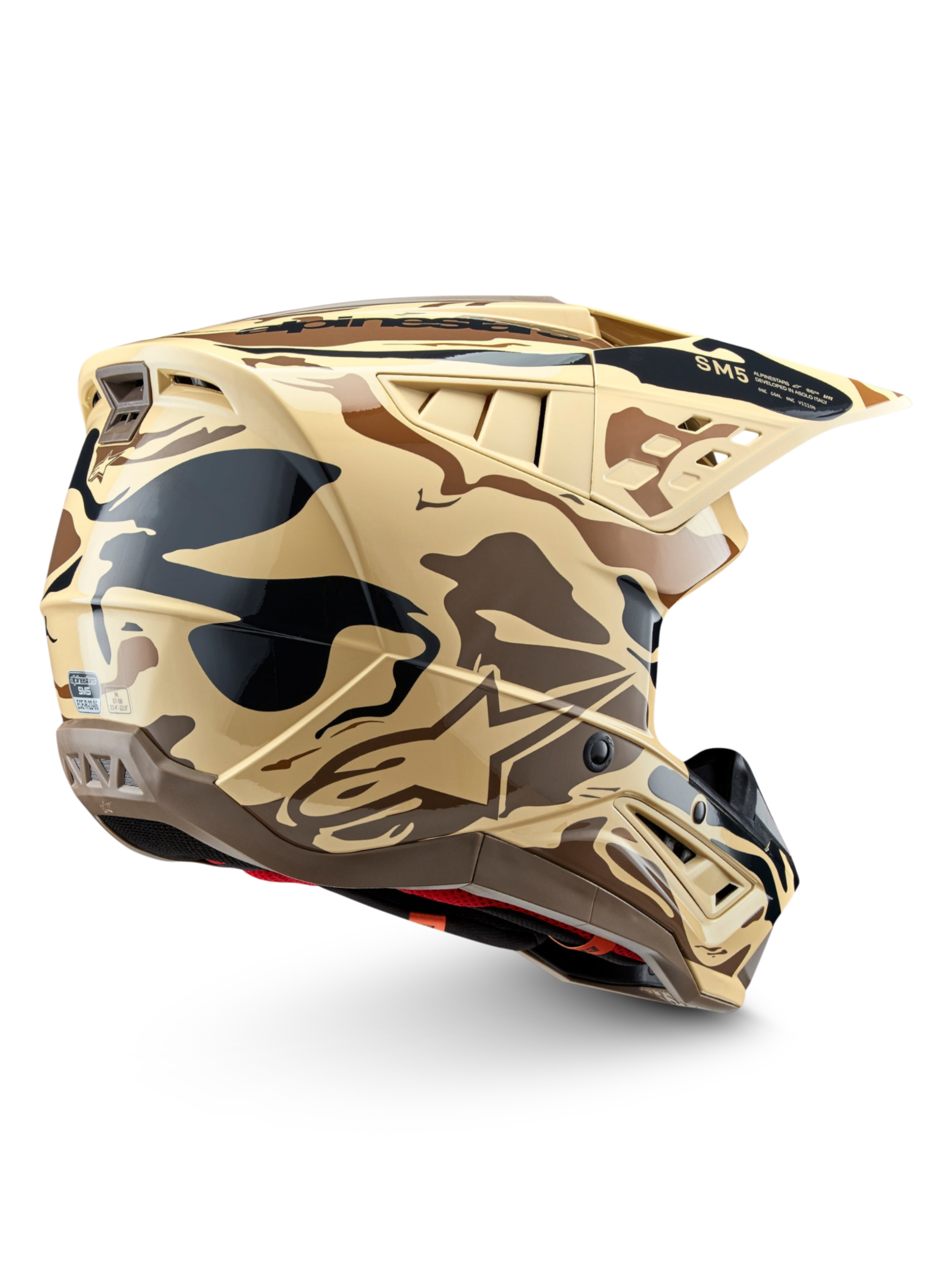 Alpinestars S-M5 Mineral helm, motocrosshelm in bruine kangoeroe camouflage, ECE 22.06-gecertificeerd voor off-road rijden.