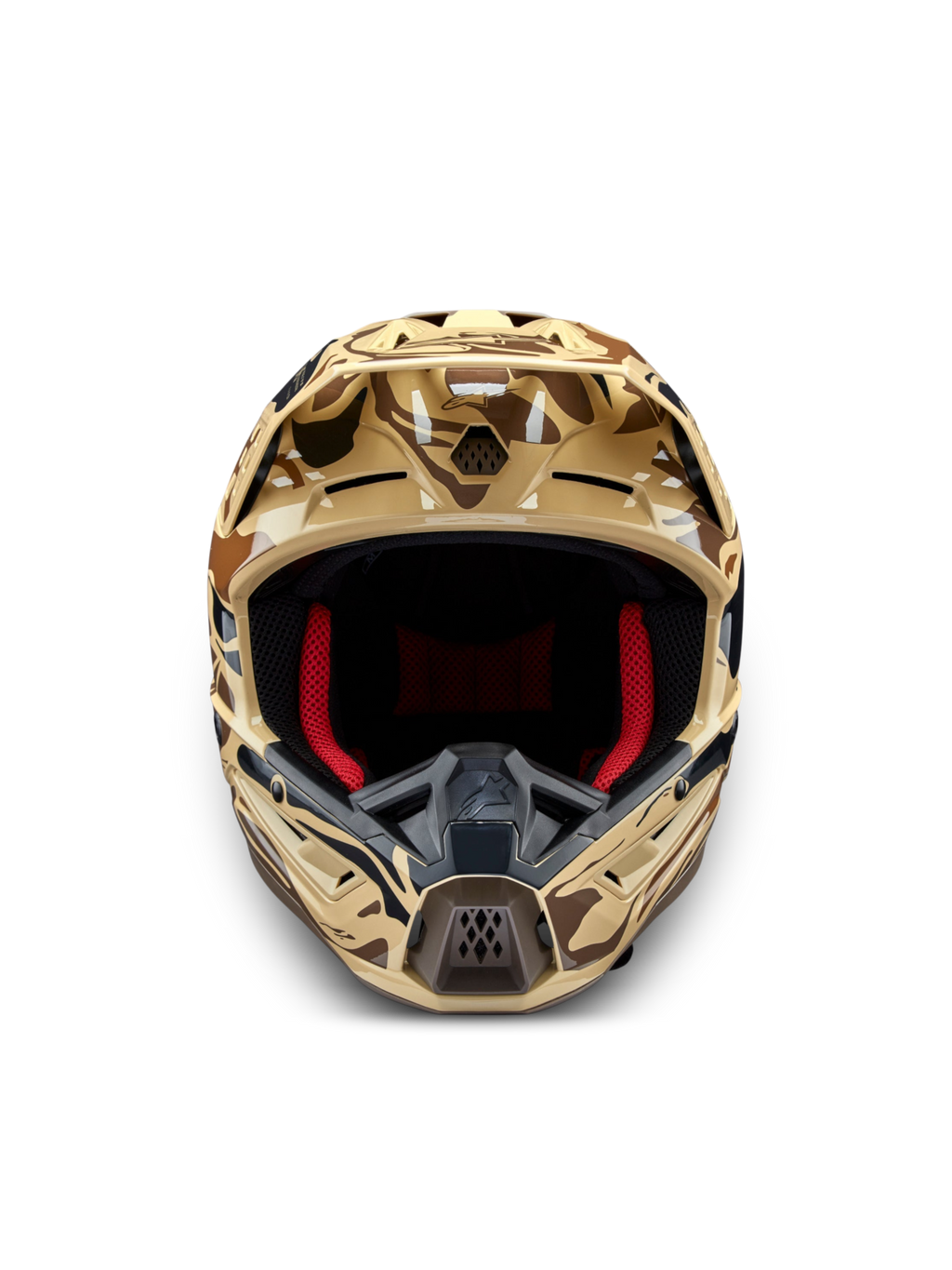 Alpinestars S-M5 Mineral helm, motorcrosshelm, bruin camo, ECE 22.06-gecertificeerd, vooraanzicht met rode binnenvoering.