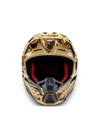 Alpinestars S-M5 Mineral helm, motorcrosshelm, bruin camo, ECE 22.06-gecertificeerd, vooraanzicht met rode binnenvoering.