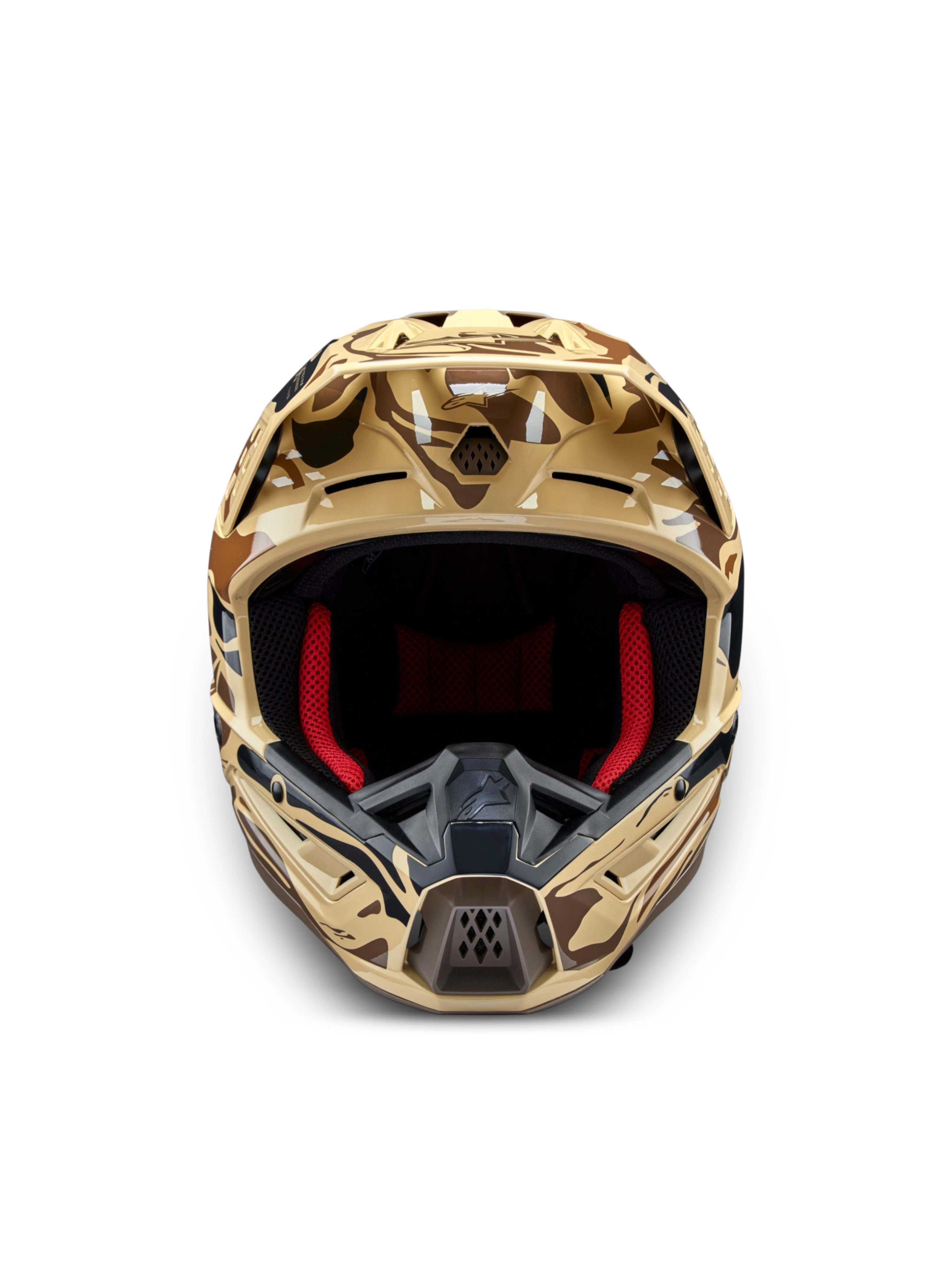 Alpinestars S-M5 Mineral helm, motorcrosshelm, bruin camo, ECE 22.06-gecertificeerd, vooraanzicht met rode binnenvoering.
