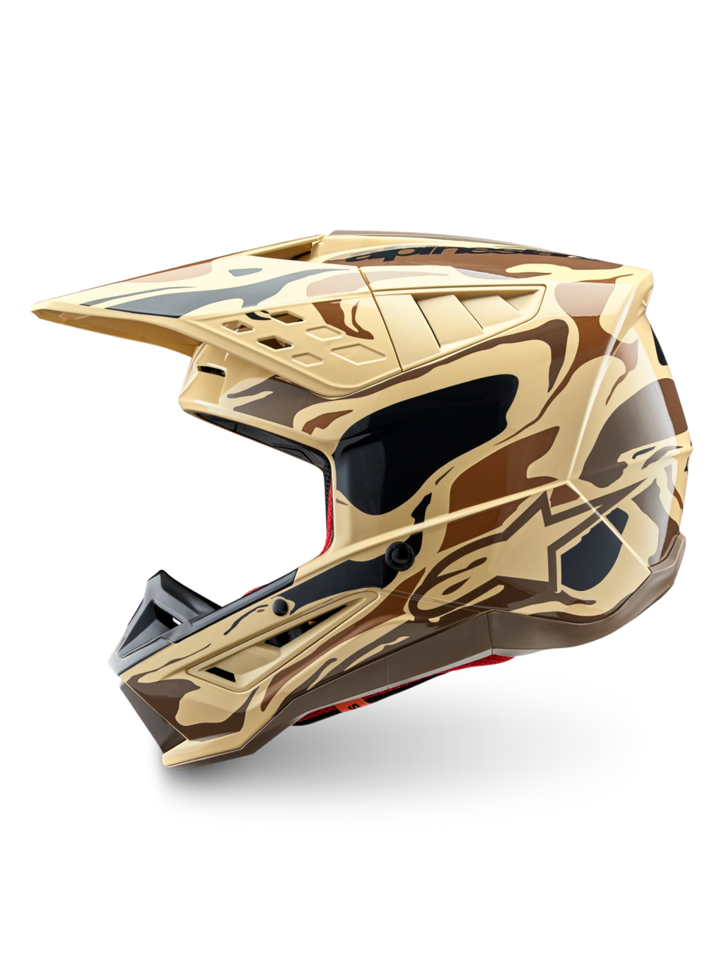 Alpinestars S-M5 Mineral helm, motorcrosshelm met donkerbruine camouflage, ECE 22.06-gecertificeerde off-road bescherming.