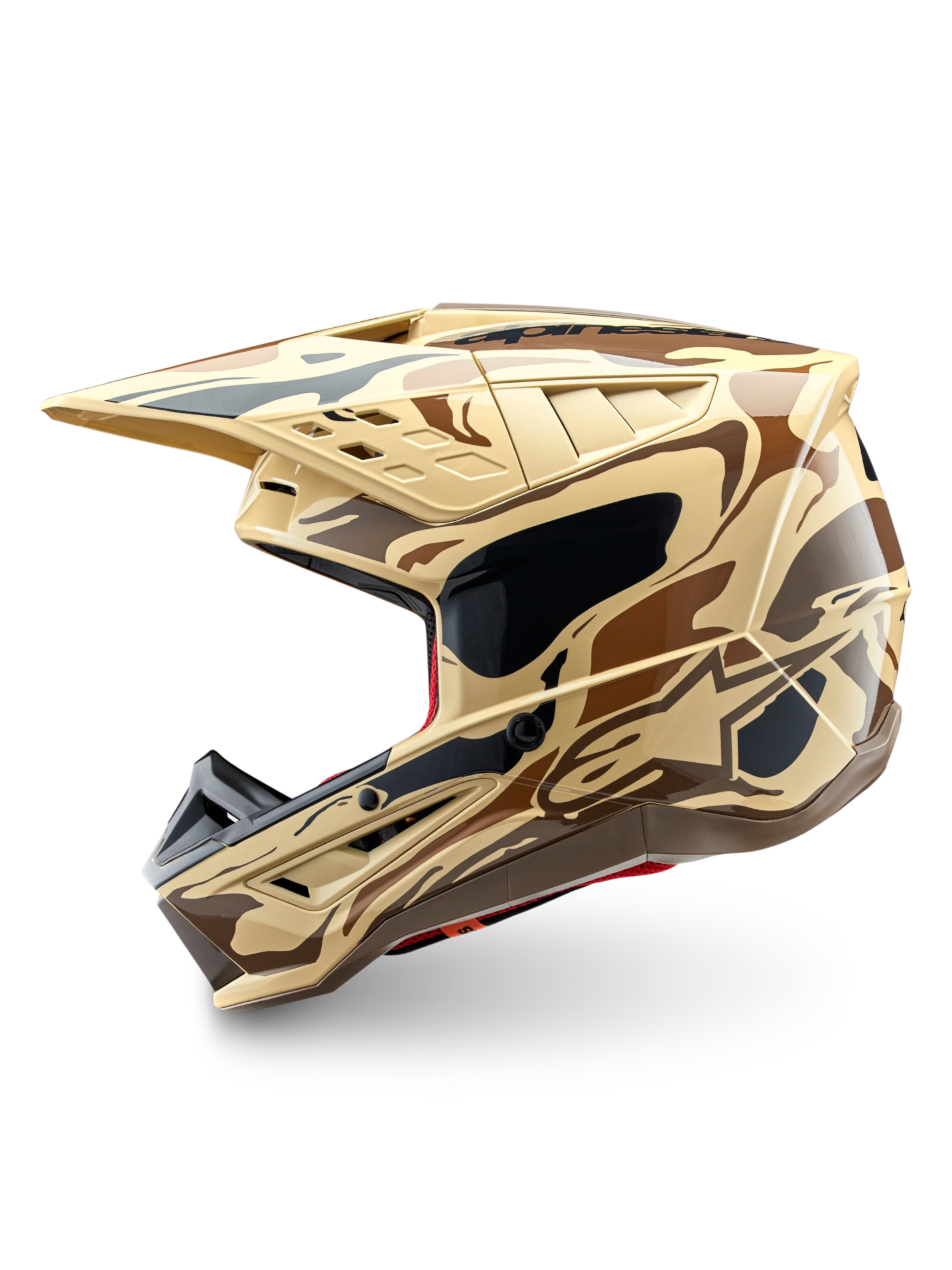 Alpinestars S-M5 Mineral helm, motorcrosshelm met donkerbruine camouflage, ECE 22.06-gecertificeerde off-road bescherming.