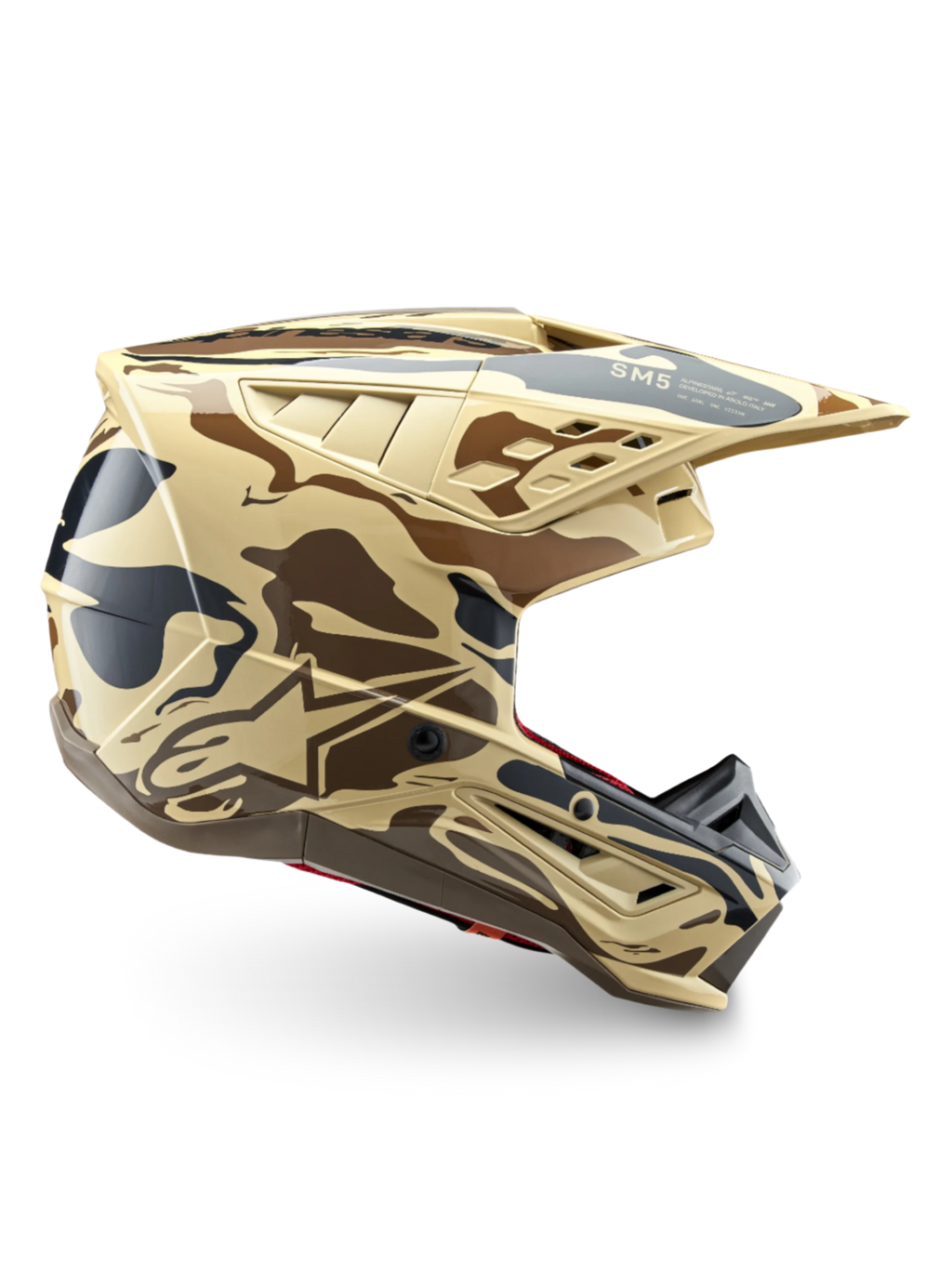 Alpinestars S-M5 Mineral motorcrosshelm, bruin en beige camouflage, ECE 22.06-gecertificeerd, off-road hoofdbescherming.