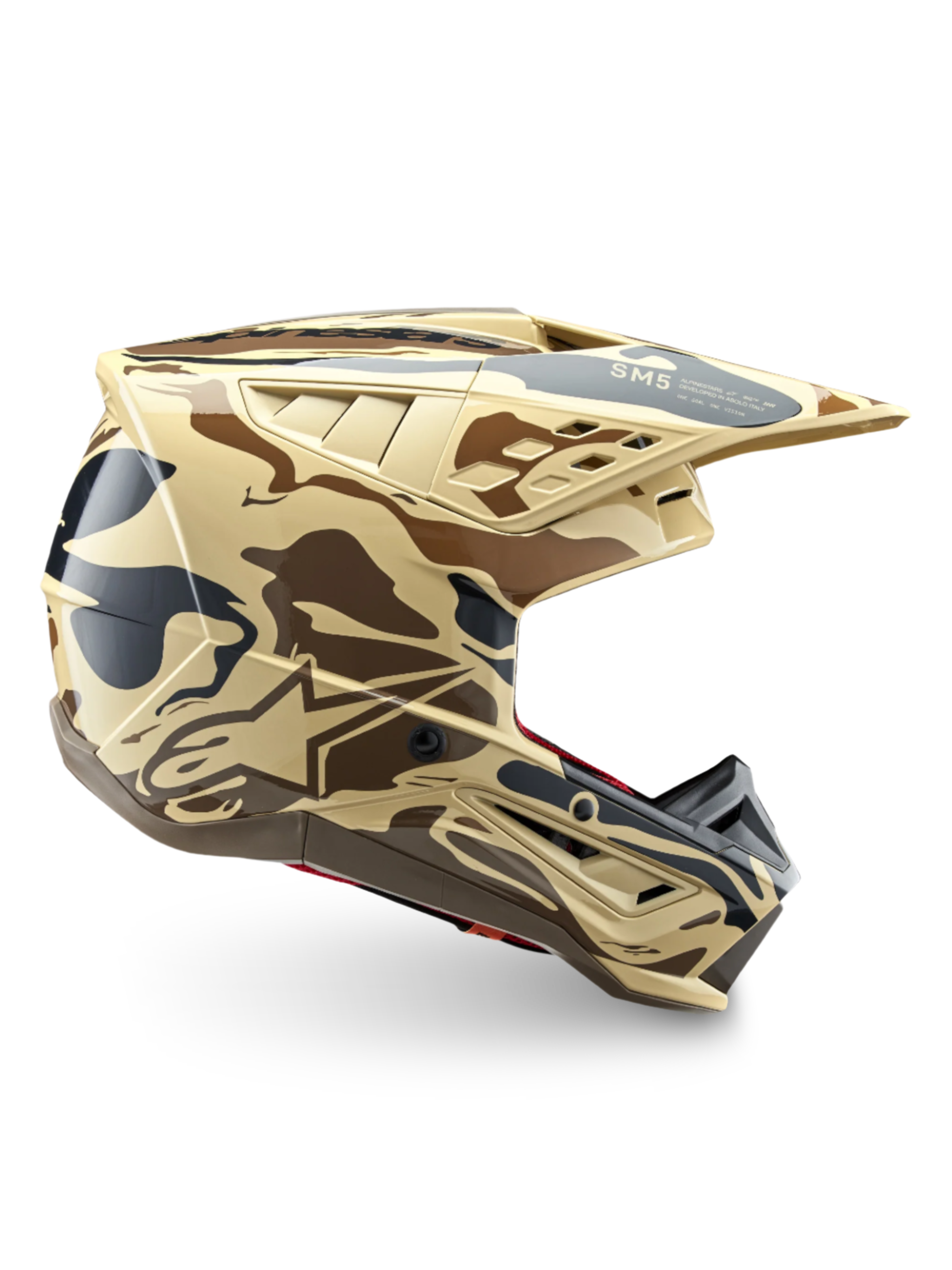 Alpinestars S-M5 Mineral motorcrosshelm, bruin en beige camouflage, ECE 22.06-gecertificeerd, off-road hoofdbescherming.