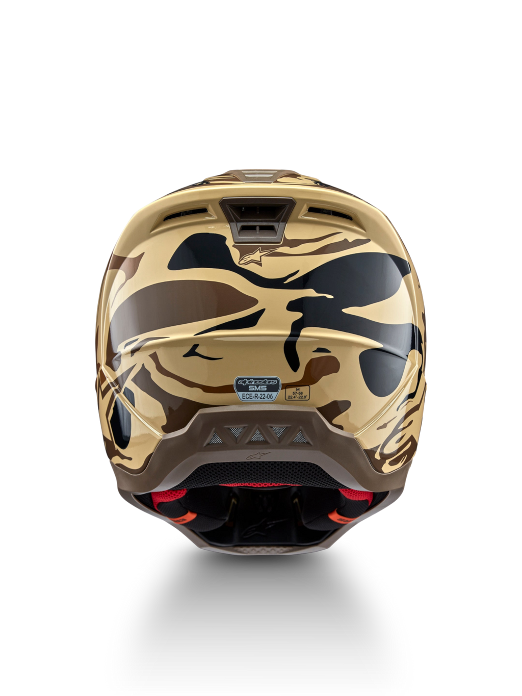 Alpinestars S-M5 Mineral helm, motocrosshelm in mat bruin en zwart camo, achteraanzicht, ECE 22.06-gecertificeerd.