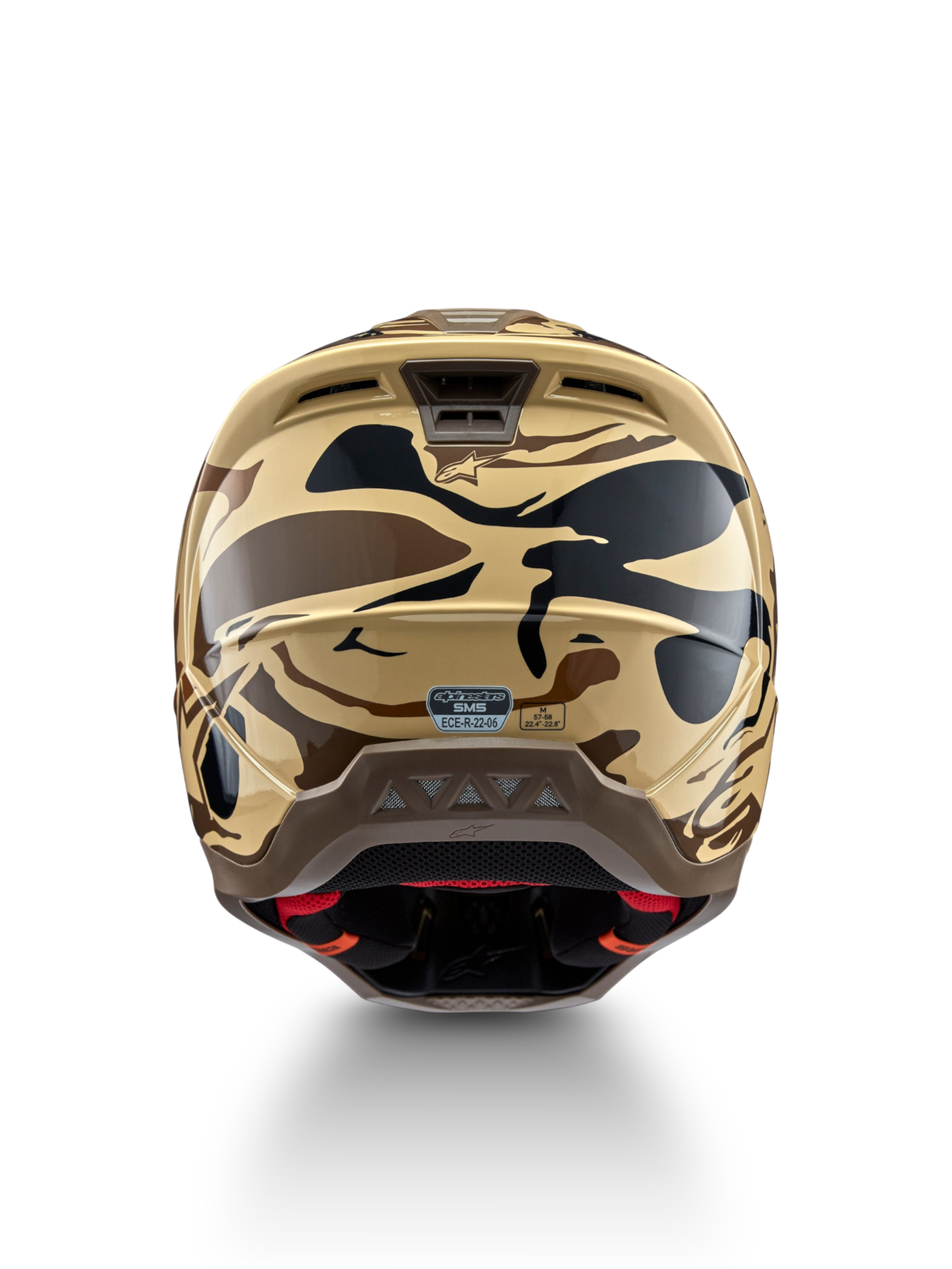 Alpinestars S-M5 Mineral helm, motocrosshelm in mat bruin en zwart camo, achteraanzicht, ECE 22.06-gecertificeerd.
