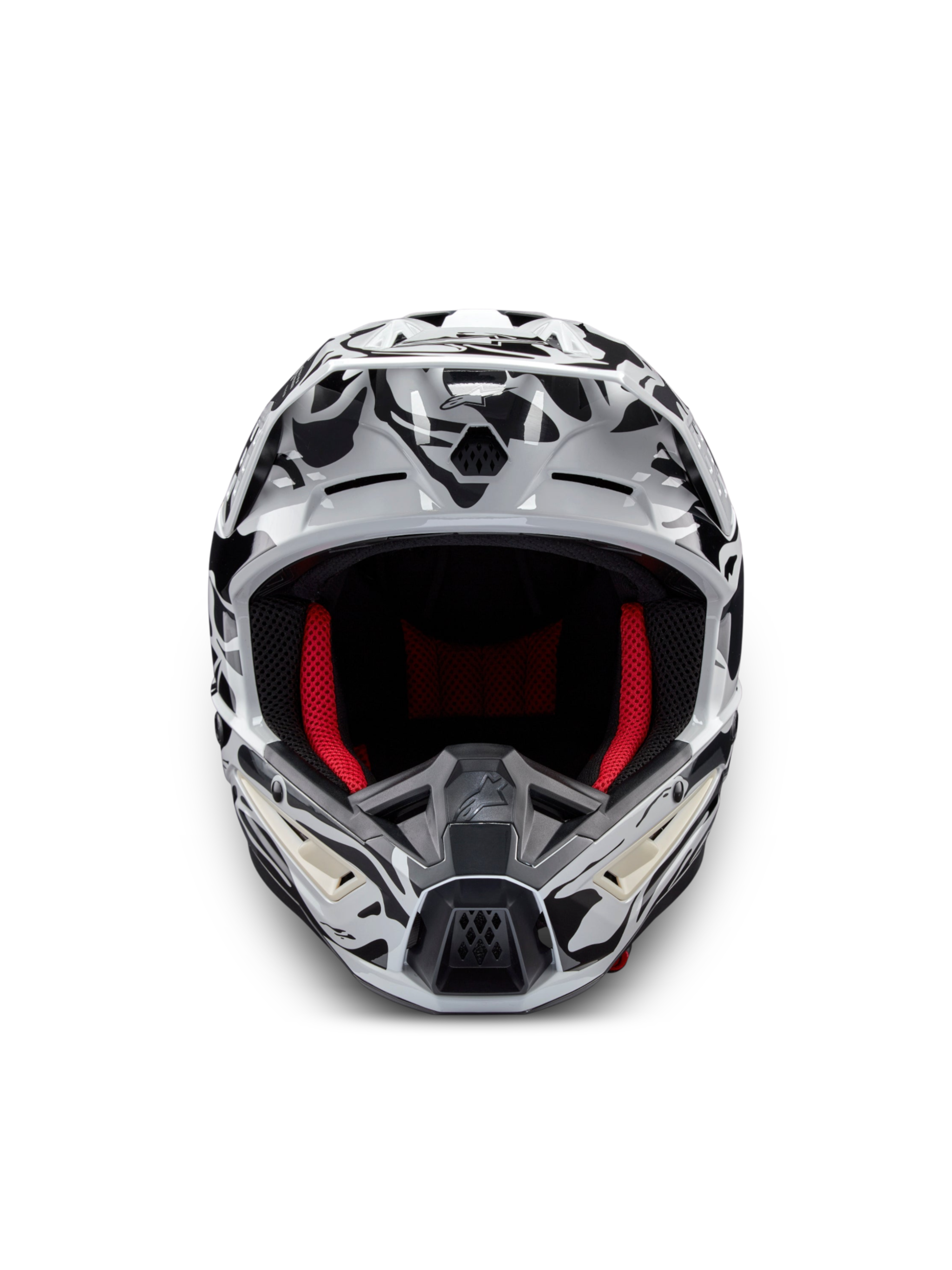 Alpinestars S-M5 Mineral Helm, Motocross-Helm in Grau und Schwarz, ECE 22.06 zertifiziert mit rotem Innenfutter.