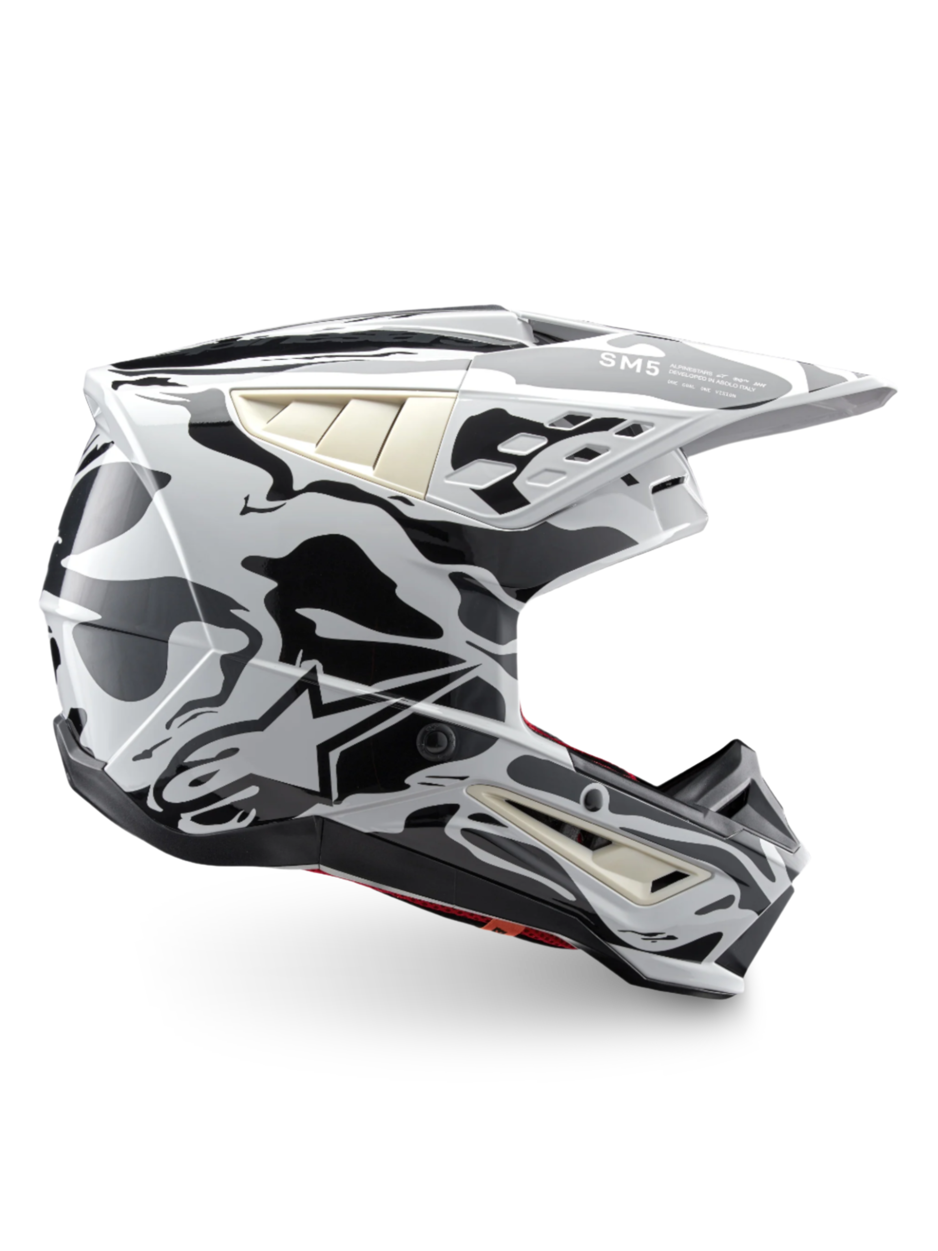 Alpinestars S-M5 Mineral Helm, Motocross-Helm in Grau und Dunkelgrau, ECE 22.06-zertifiziert mit Camouflage-Grafik.