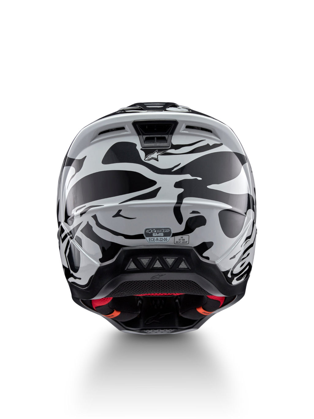 Alpinestars S-M5 Mineral Motocrosshelm, Cool Gray und Dunkelgrau, ECE 22.06-zertifiziert, Rückansicht mit Belüftung.