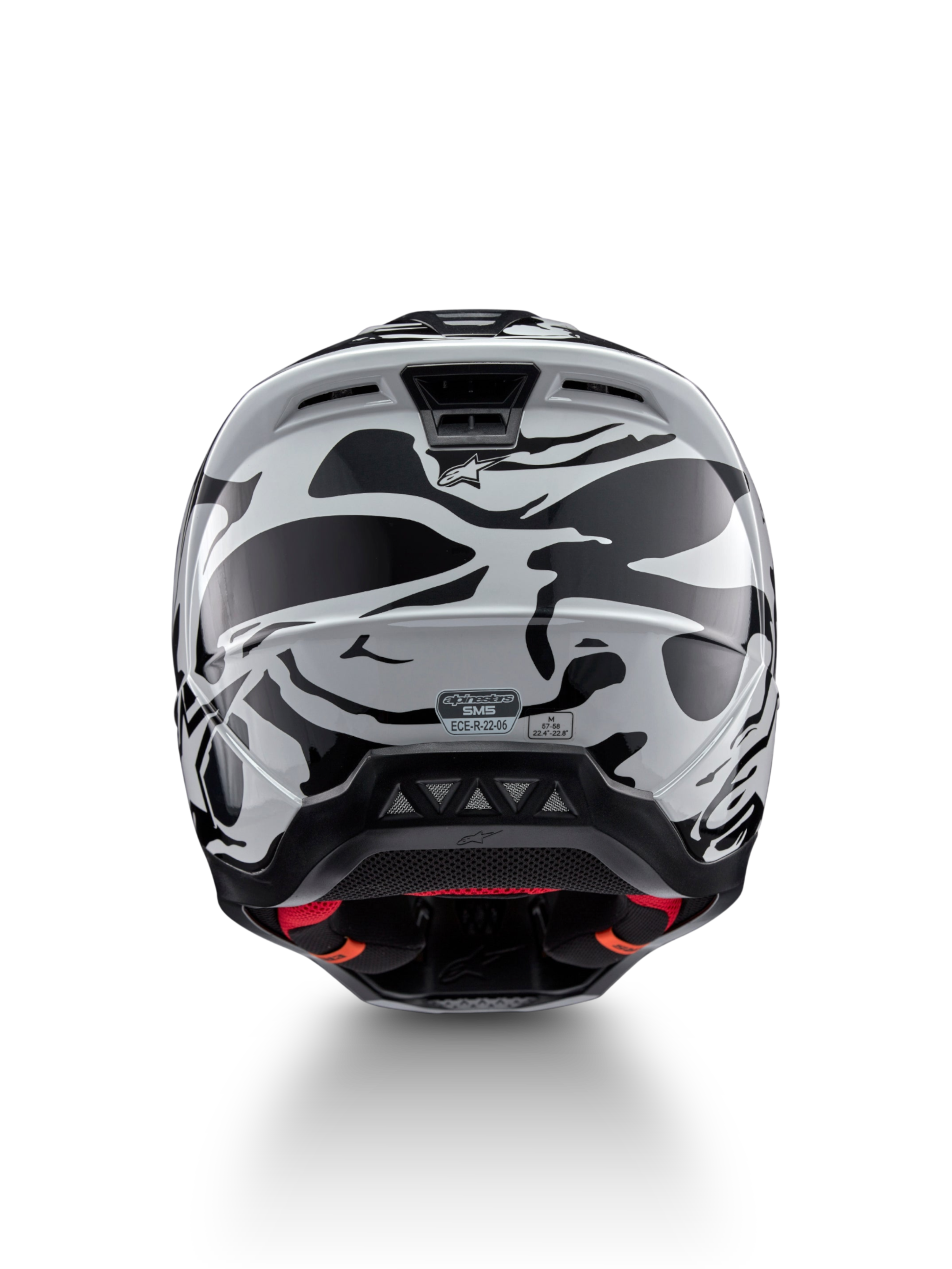 Alpinestars S-M5 Mineral Motocrosshelm, Cool Gray und Dunkelgrau, ECE 22.06-zertifiziert, Rückansicht mit Belüftung.