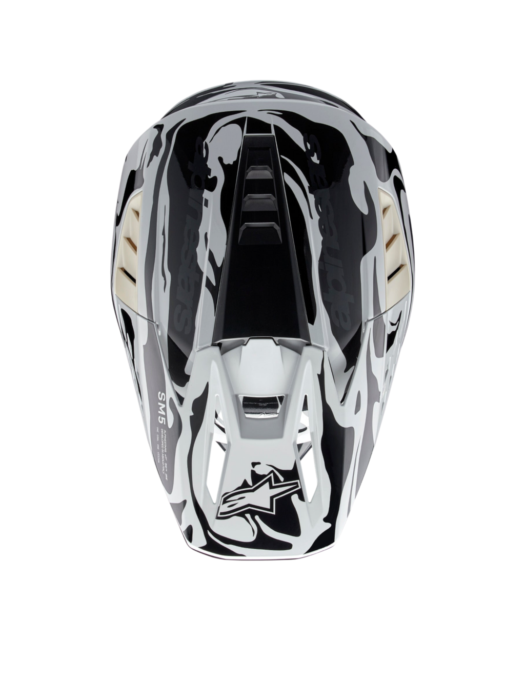 Alpinestars S-M5 Mineral Helm, glänzender ECE-zertifizierter Motocross-Helm in Cool Gray und Dunkelgrau, Draufsicht.