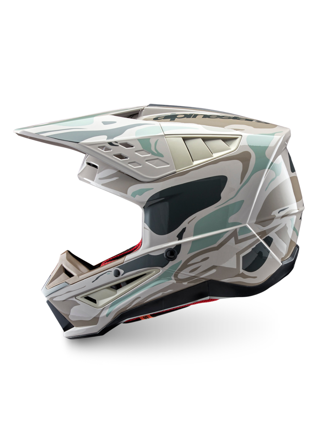 Alpinestars S-M5 Mineral helm, glanzende warm grijze en Celadon groene camo motorcrosshelm, ECE 22.06-gecertificeerd.