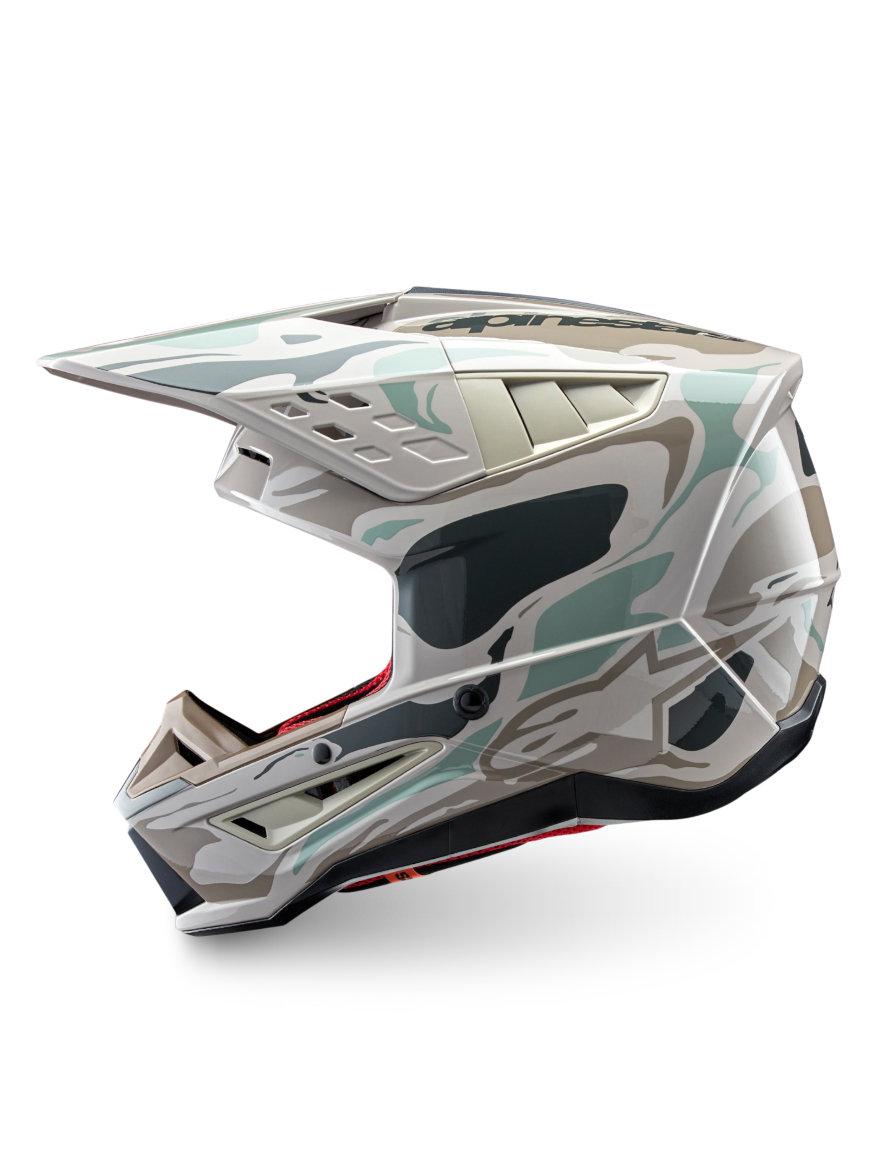 Alpinestars S-M5 Mineral helm, glanzende warm grijze en Celadon groene camo motorcrosshelm, ECE 22.06-gecertificeerd.
