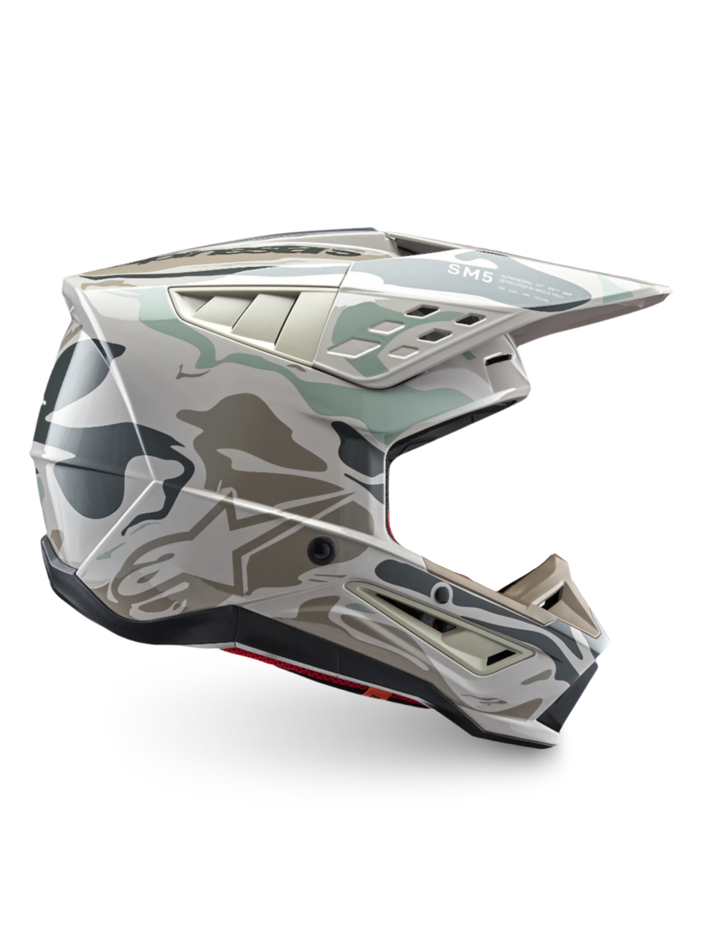 Alpinestars S-M5 Mineral helm, motocrosshelm in warm grijs en celadon groen, ECE 22.06-gecertificeerde off-road bescherming.