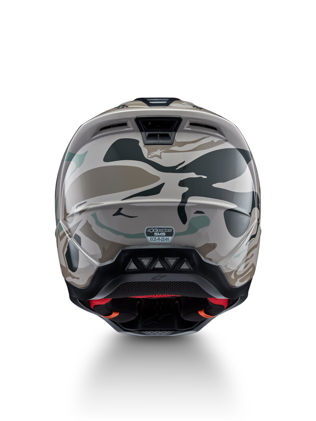 Alpinestars S-M5 Mineral helm, achteraanzicht motocrosshelm in warm grijs en celadon groen camo, ECE 22.06-gecertificeerd.