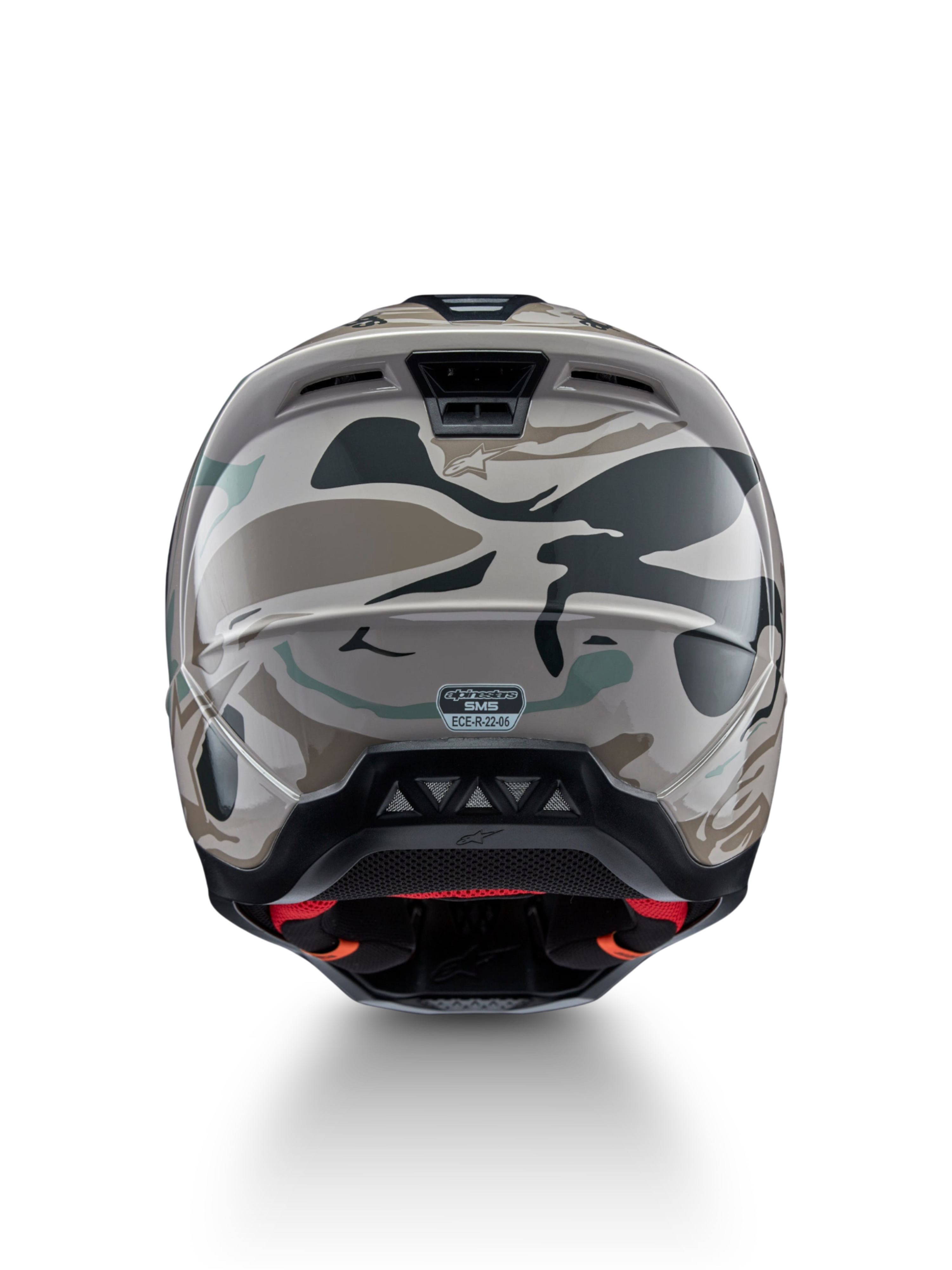 Alpinestars S-M5 Mineral helm, achteraanzicht motocrosshelm in warm grijs en celadon groen camo, ECE 22.06-gecertificeerd.