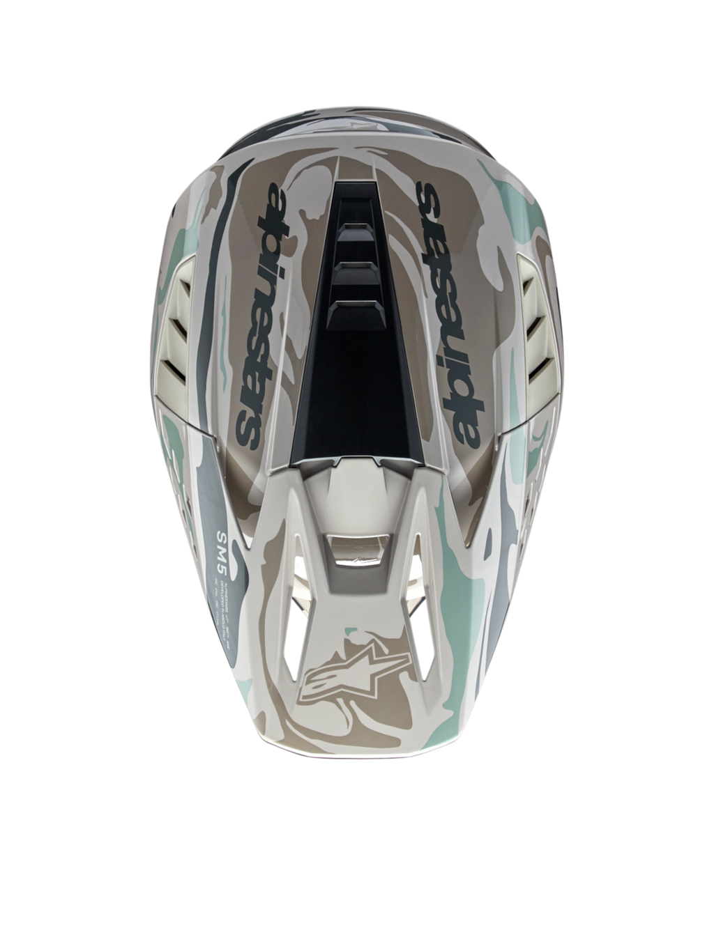 Alpinestars S-M5 Mineral helm, motorcrosshelm in warm grijs en celadon groen met glanzend camouflagepatroon, bovenaanzicht.