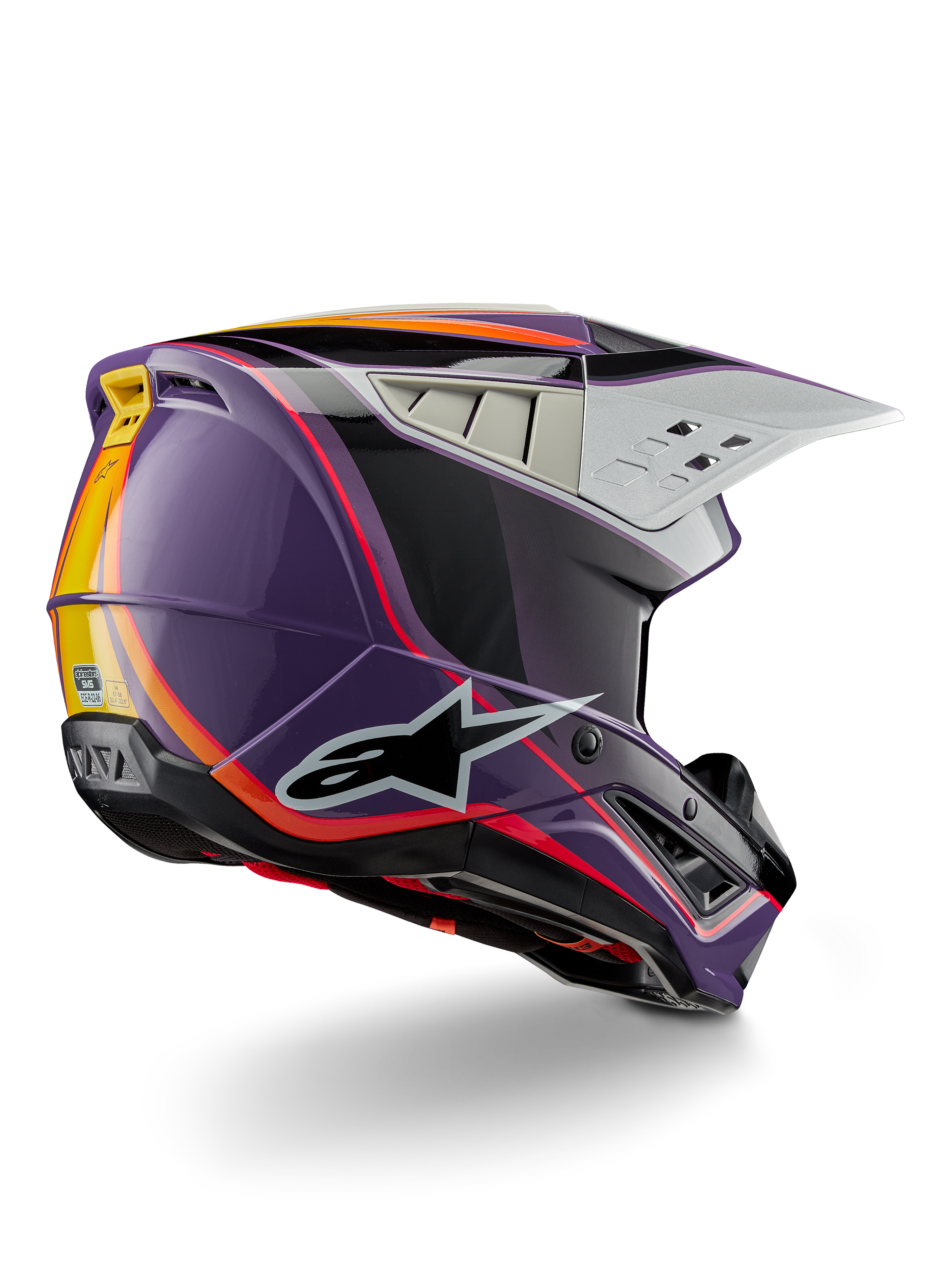 Alpinestars S-M5 Sail Helm ECE, motorcross helm, violet zwart zilver glanzend, voorzien van oranje en gele streepaccenten, groot zwart sterlogo, aerodynamisch profiel met ventilatieopeningen aan de achterzijde, glanzende afwerking voor off-road racen