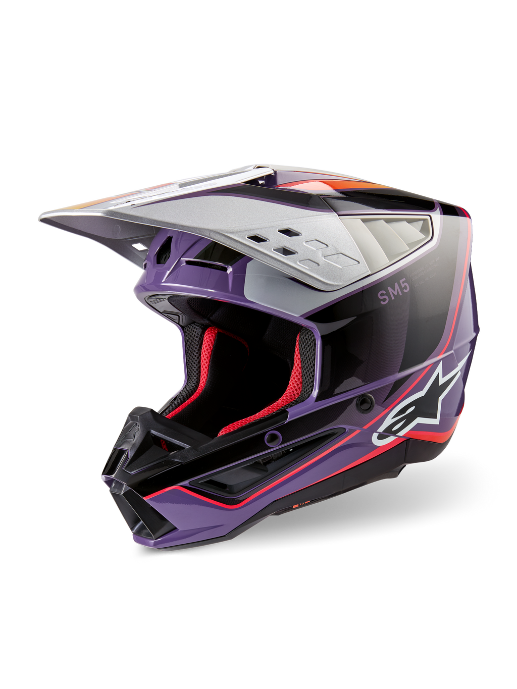 Alpinestars S-M5 Sail Helm ECE, motorcrosshelm, violet, zwart en zilver glanzend, voorzien van rode binnenvoering en accenten, glanzende afwerking met opvallend Alpinestars-logo, aerodynamisch zilveren vizier, professionele off-road beschermende uitrusting