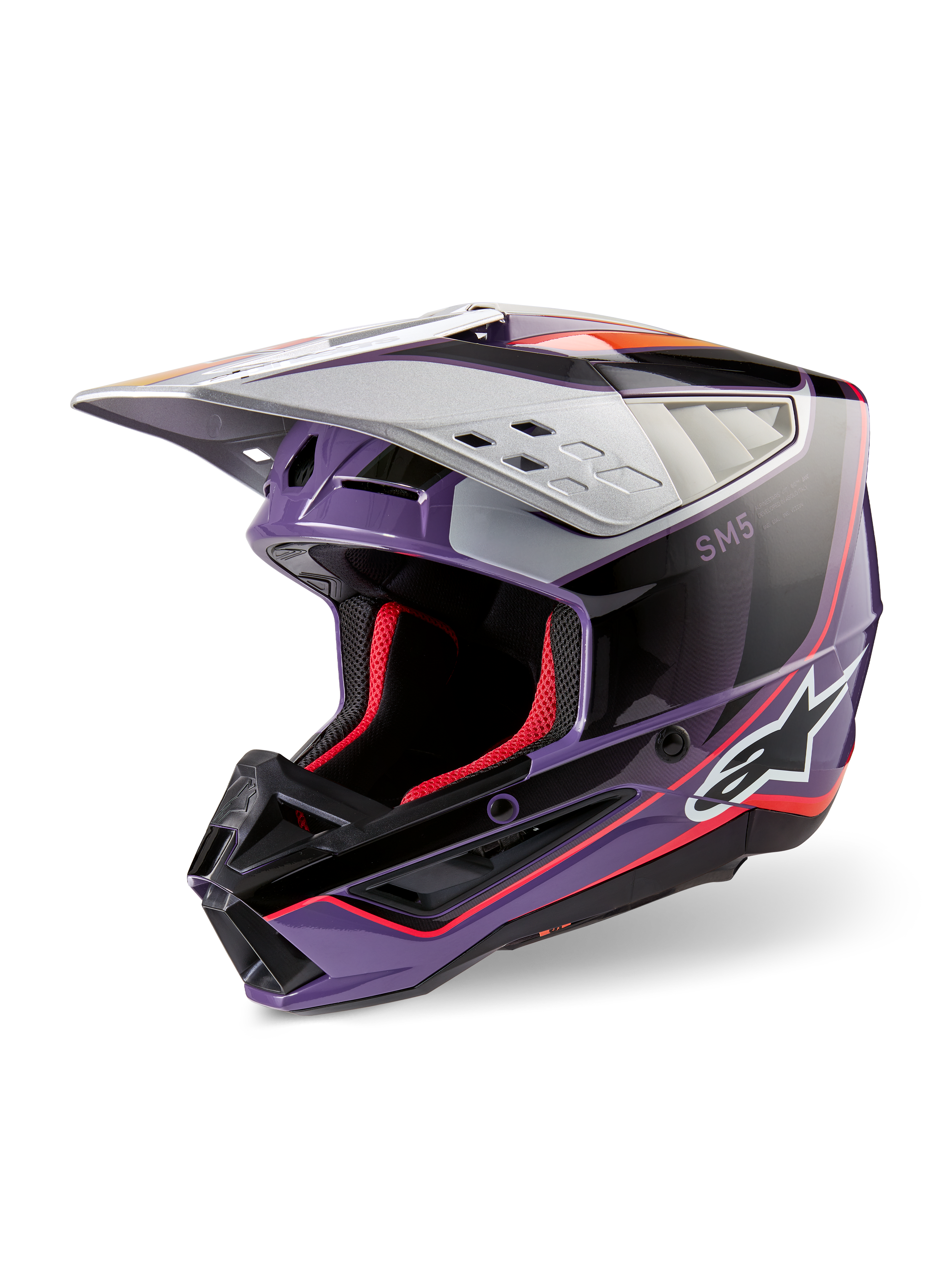 Alpinestars S-M5 Sail Helm ECE, motorcrosshelm, violet, zwart en zilver glanzend, voorzien van rode binnenvoering en accenten, glanzende afwerking met opvallend Alpinestars-logo, aerodynamisch zilveren vizier, professionele off-road beschermende uitrusting
