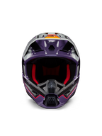 Alpinestars S-M5 Sail ECE helm, motorcrosshelm, violet, zwart en zilver glanzend, vooraanzicht met rode binnenvoering, geventileerd kinstuk en vizier met oranje accenten, gestroomlijnde aerodynamische schaal voor off-road bescherming