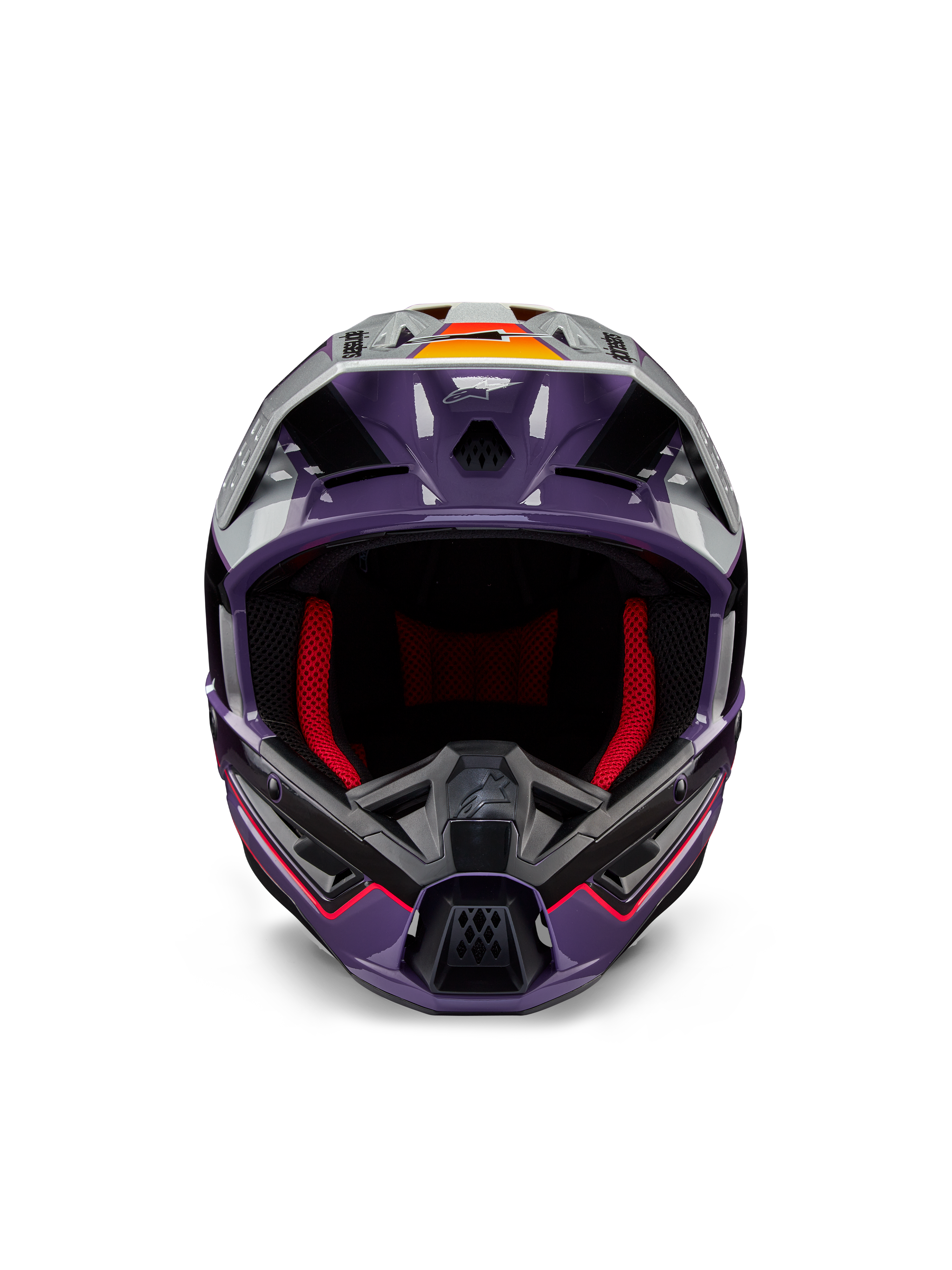 Alpinestars S-M5 Sail ECE helm, motorcrosshelm, violet, zwart en zilver glanzend, vooraanzicht met rode binnenvoering, geventileerd kinstuk en vizier met oranje accenten, gestroomlijnde aerodynamische schaal voor off-road bescherming