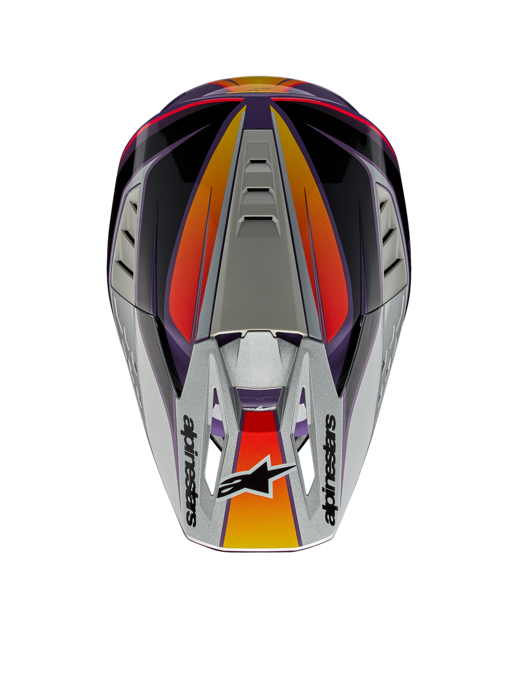 Alpinestars S-M5 Sail helm ECE, motorcrosshelm, violet, zwart en zilver glanzend, bovenaanzicht met zilveren klep met Alpinestars-logo, oranje en rode kleurverloopaccenten, gestroomlijnde schaal met ventilatiepoorten, hoogwaardige off-road hoofdbescherming
