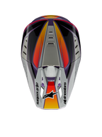 Alpinestars S-M5 Sail helm ECE, motorcrosshelm, violet, zwart en zilver glanzend, bovenaanzicht met zilveren klep met Alpinestars-logo, oranje en rode kleurverloopaccenten, gestroomlijnde schaal met ventilatiepoorten, hoogwaardige off-road hoofdbescherming