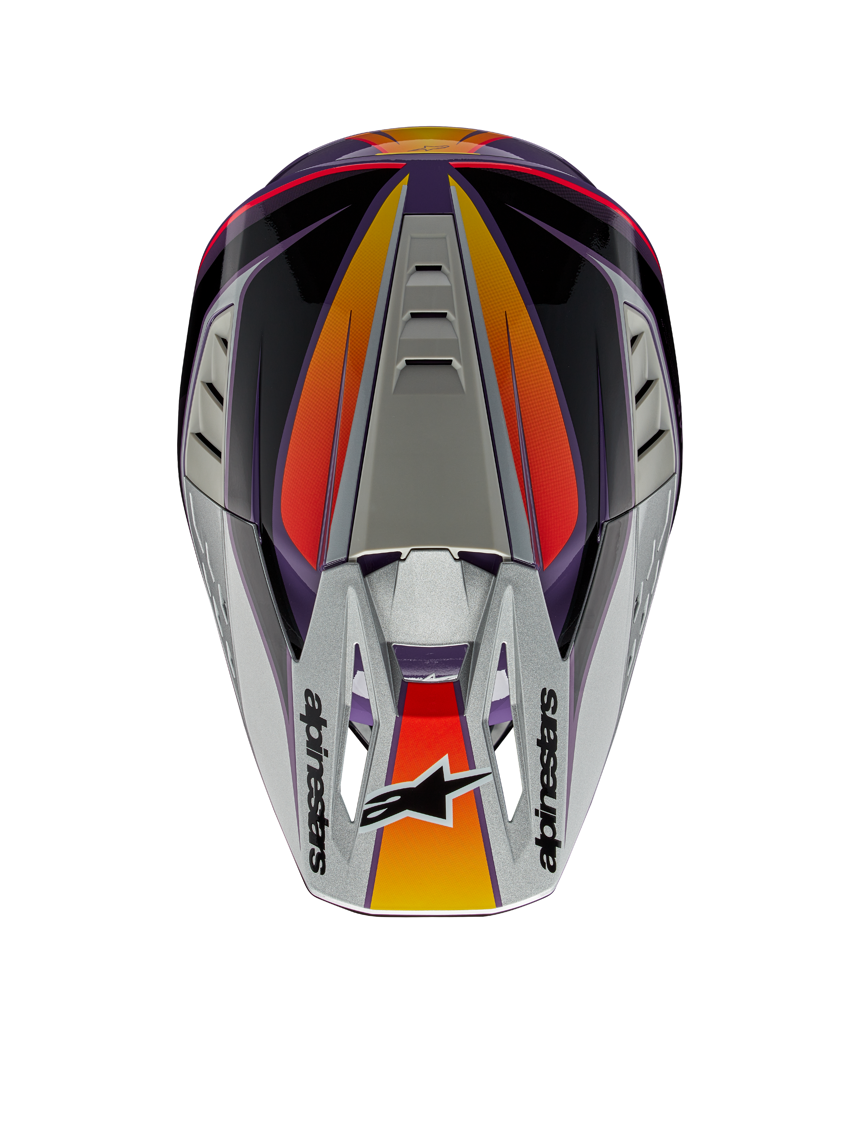 Alpinestars S-M5 Sail helm ECE, motorcrosshelm, violet, zwart en zilver glanzend, bovenaanzicht met zilveren klep met Alpinestars-logo, oranje en rode kleurverloopaccenten, gestroomlijnde schaal met ventilatiepoorten, hoogwaardige off-road hoofdbescherming