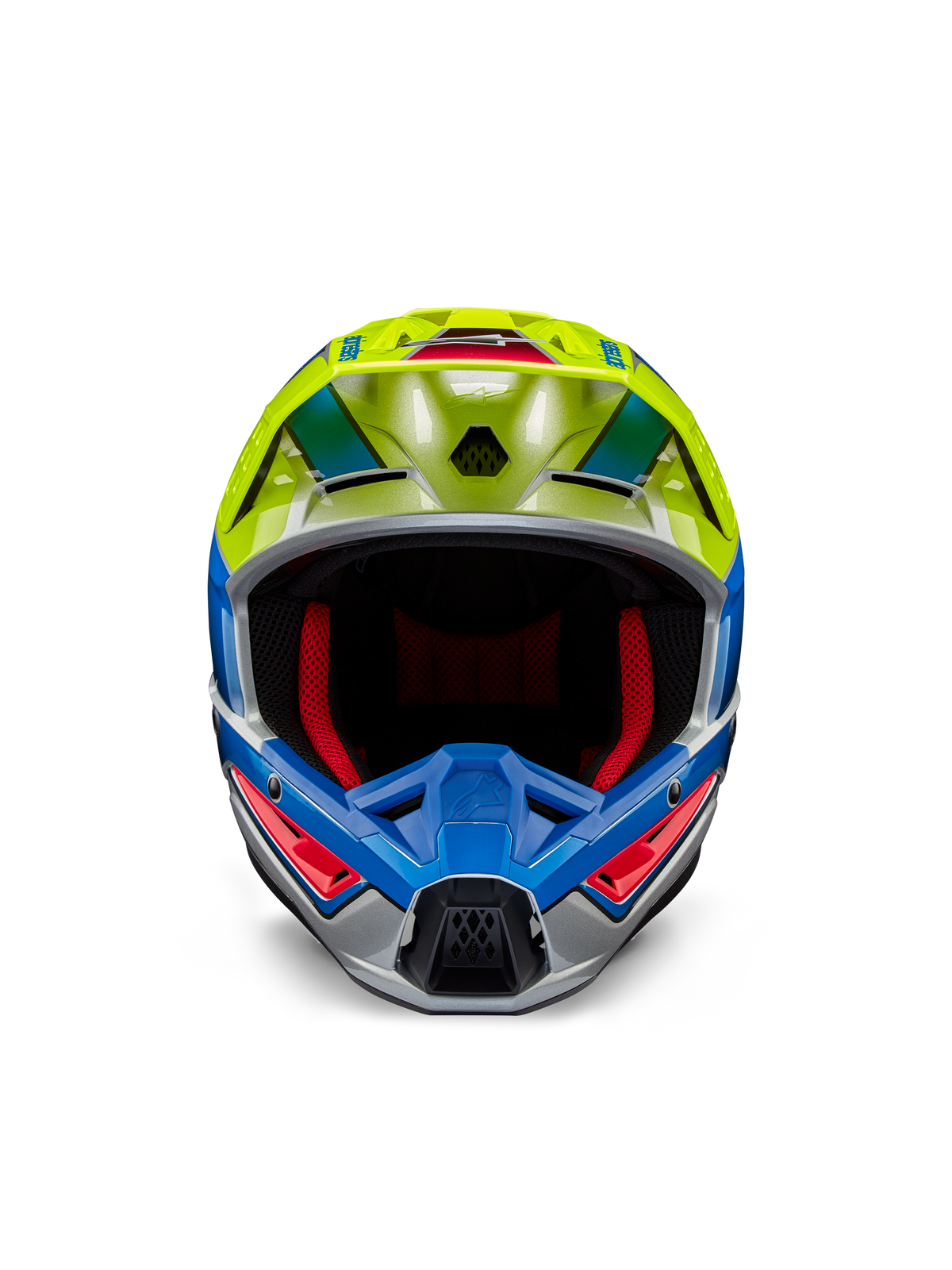 Casque Alpinestars S-M5 Sail ECE, casque de motocross, jaune fluo et bleu émail avec finition argent brillant, vue de face montrant le rembourrage intérieur rouge et la visière aérodynamique, protection de tête haute performance pour le tout-terrain