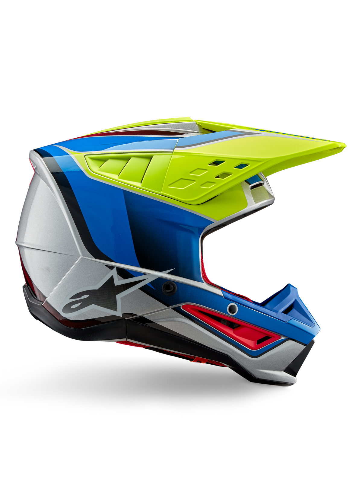 Alpinestars S-M5 Sail Helm ECE, motorcross helm, felgeel, enamel blauw en glanzend zilver, zijprofiel met rode accenten en zwart sterlogo, hoekig ontwerp met ventilatieopeningen, professionele off-road racebescherming