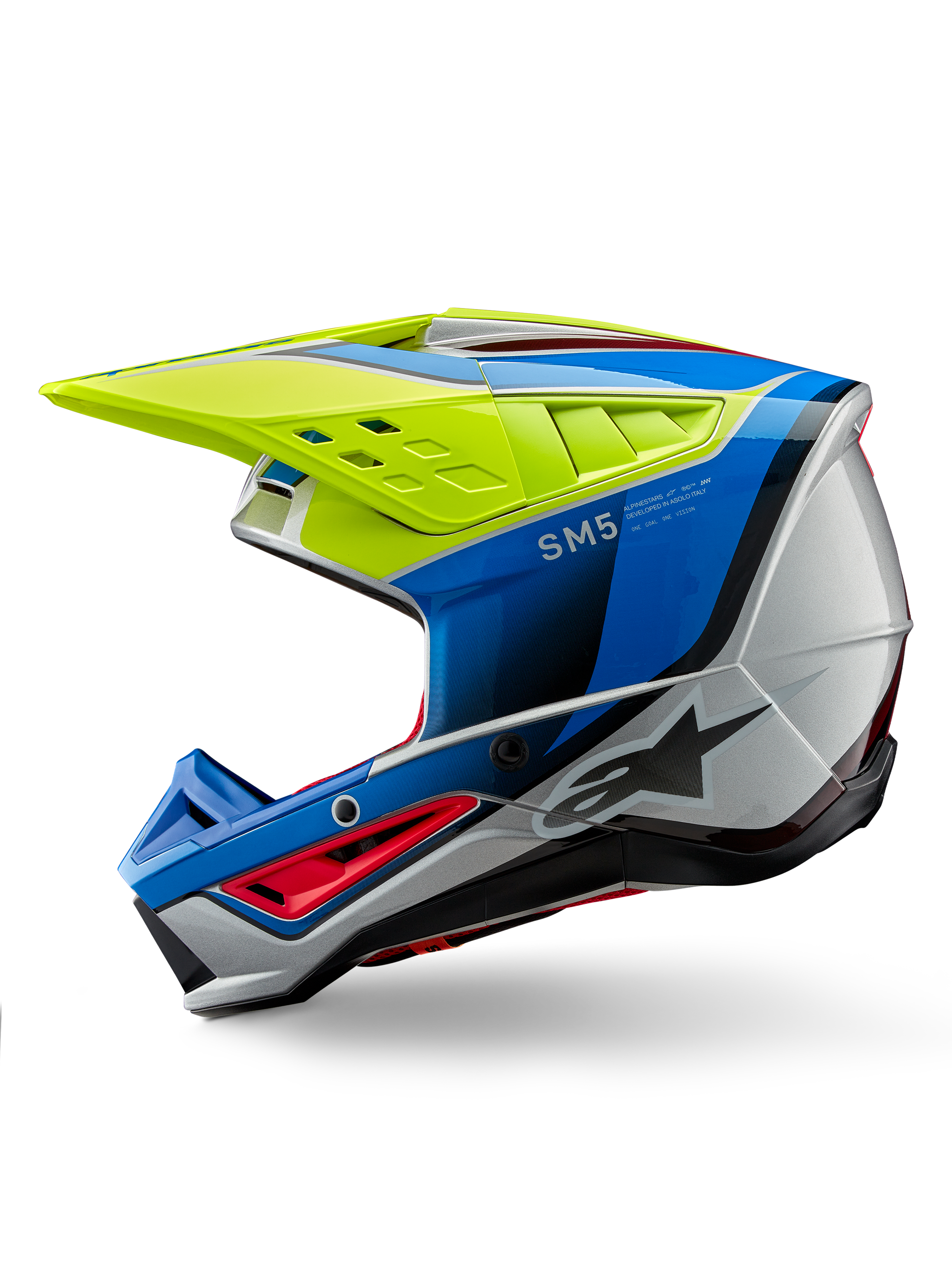 Alpinestars S-M5 Sail Helmet ECE, Motocross Helmet, Yellow Fluo Enamel Blue and Silver Glossy, side profile view, featuring a sleek aerodynamic design, vented visor, and prominent Alpinestars logo, high-performance head protection for off-road racing