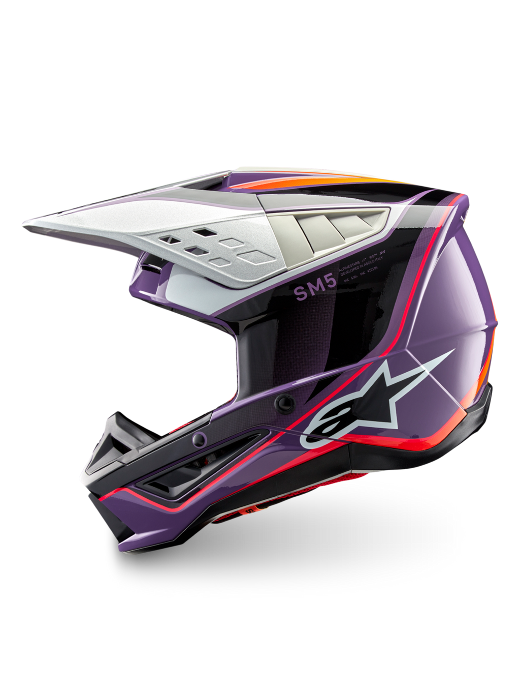 Alpinestars S-M5 Sail helm, paars en zwarte motocrosshelm, ECE 22.06-gecertificeerd, slagvast thermoplastisch materiaal.